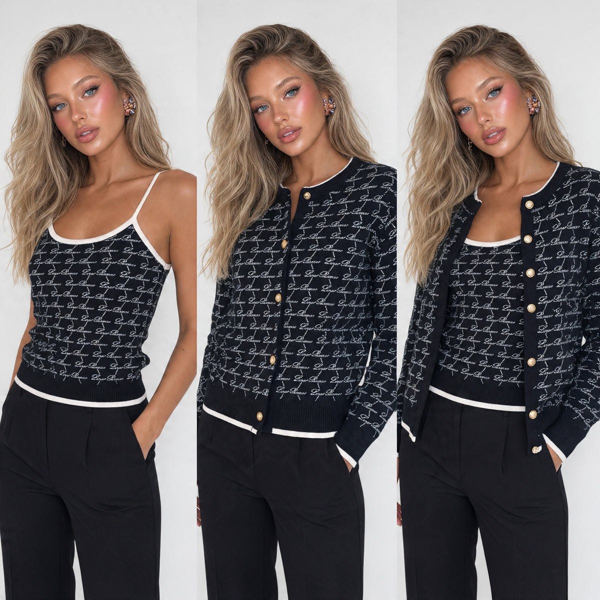 Black knit tank top with white script allover and white contrast trim