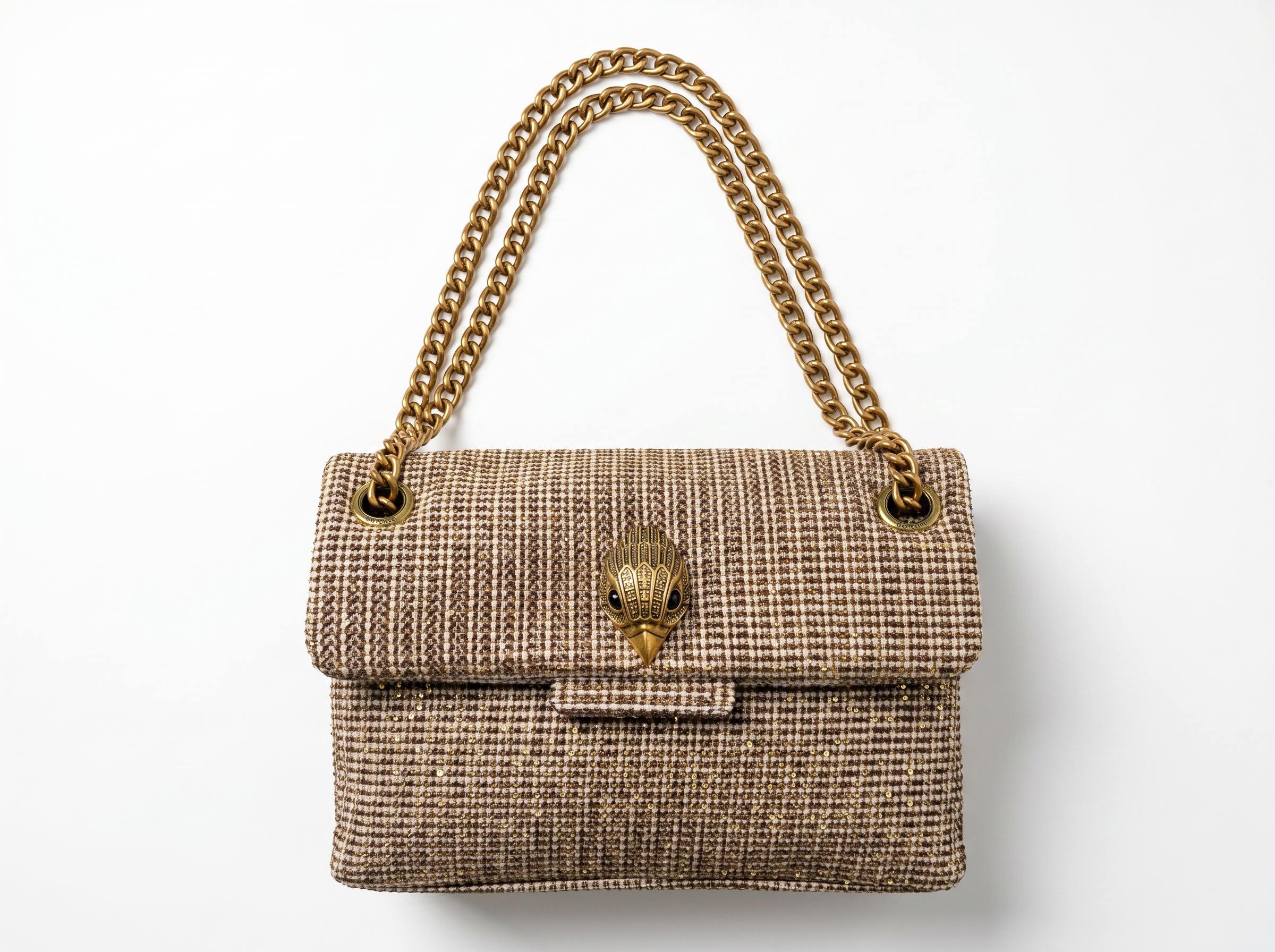 👜 Kurt Geiger Tweed Chain Shoulder Bag – Elegant Beige & Gold Edition ✨
