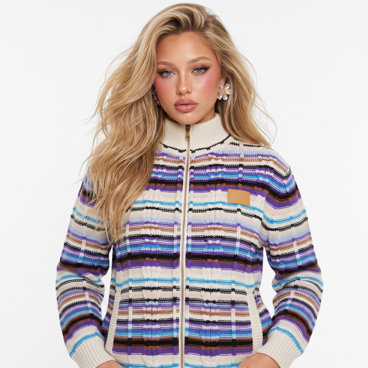 Multicolor striped zip knit cardigan with ribbed collar and leather logo patch
