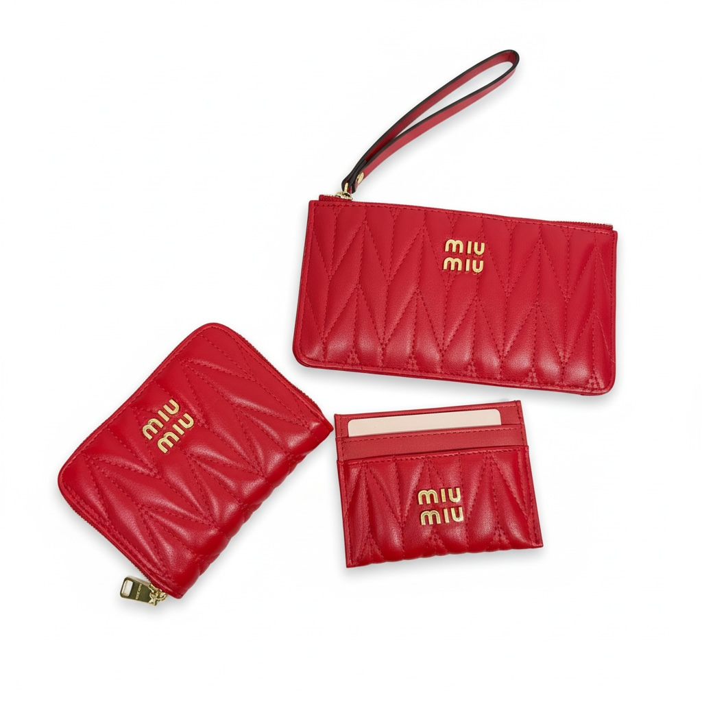 ❤️ Miu Miu Red Quilted Leather Wallet & Card Holder Set ✨