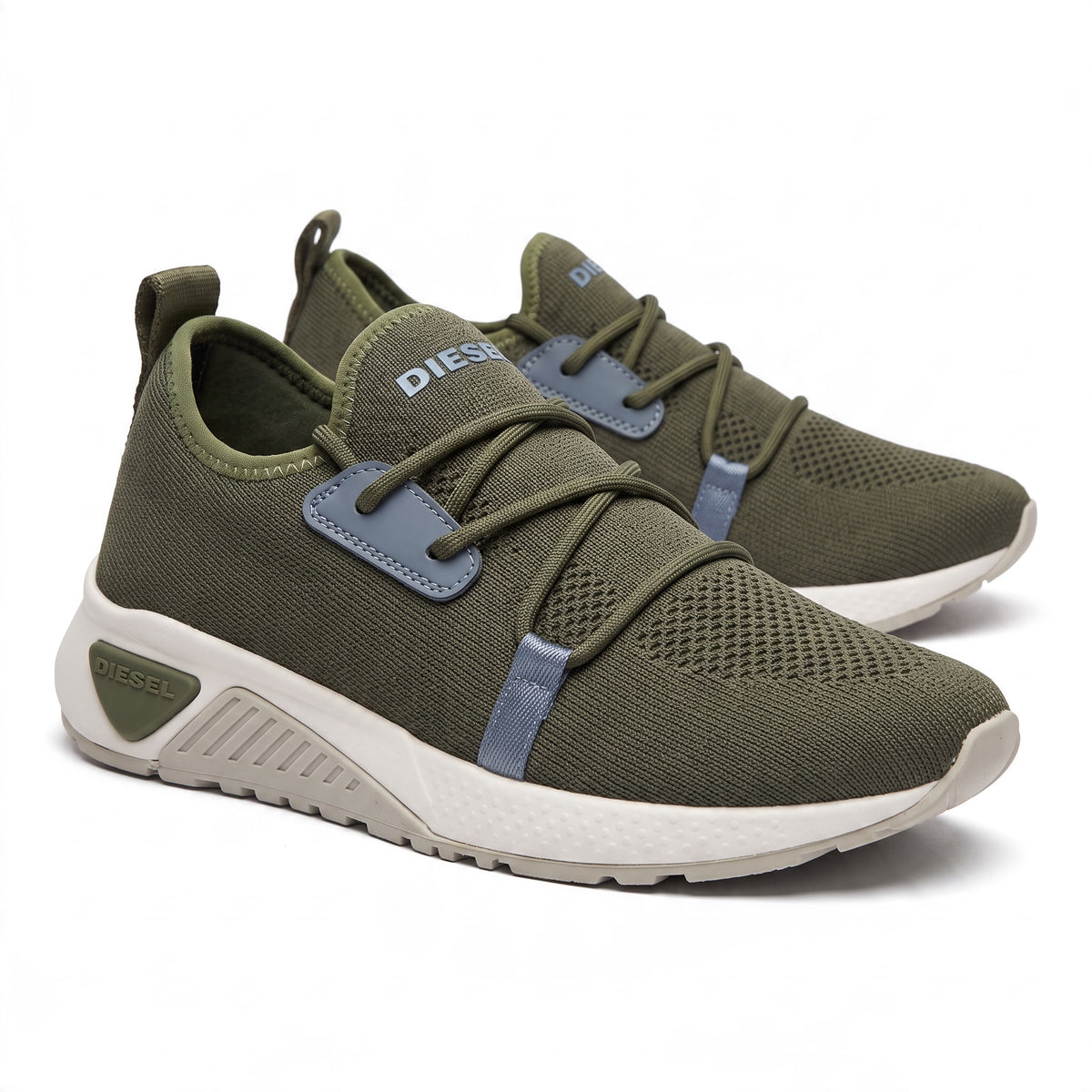 olive Diesel slip-on knit sneakers with white sculpted sole and blue accents
