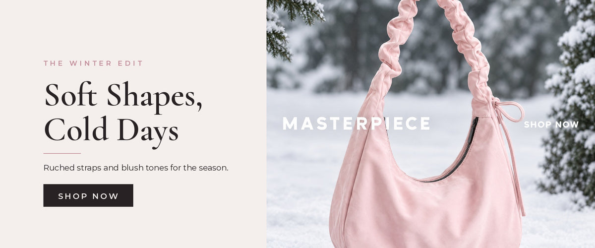 The Winter Edit – blush pink ruched shoulder bag in the snow
