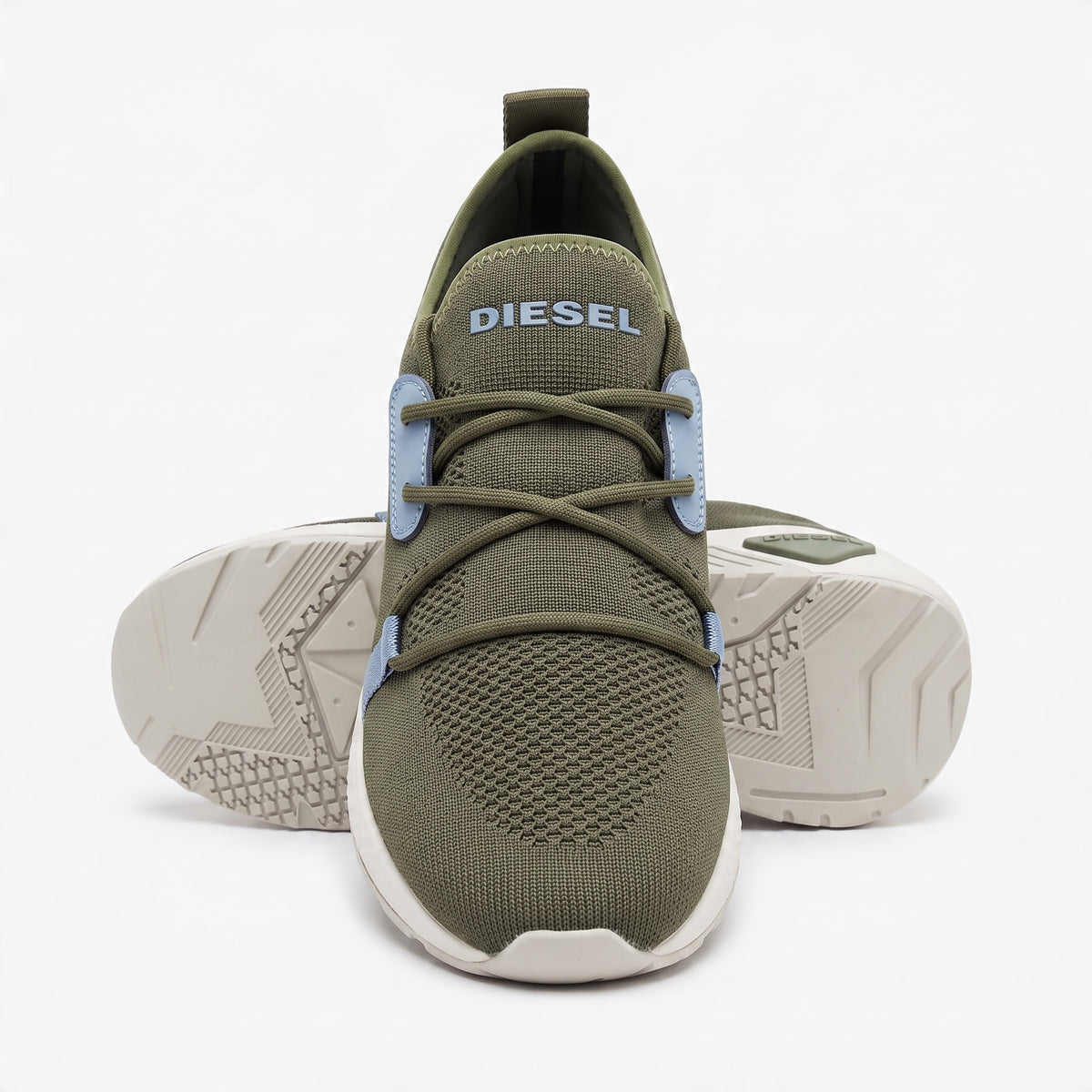 olive Diesel slip-on knit sneakers with white sculpted sole and blue accents
