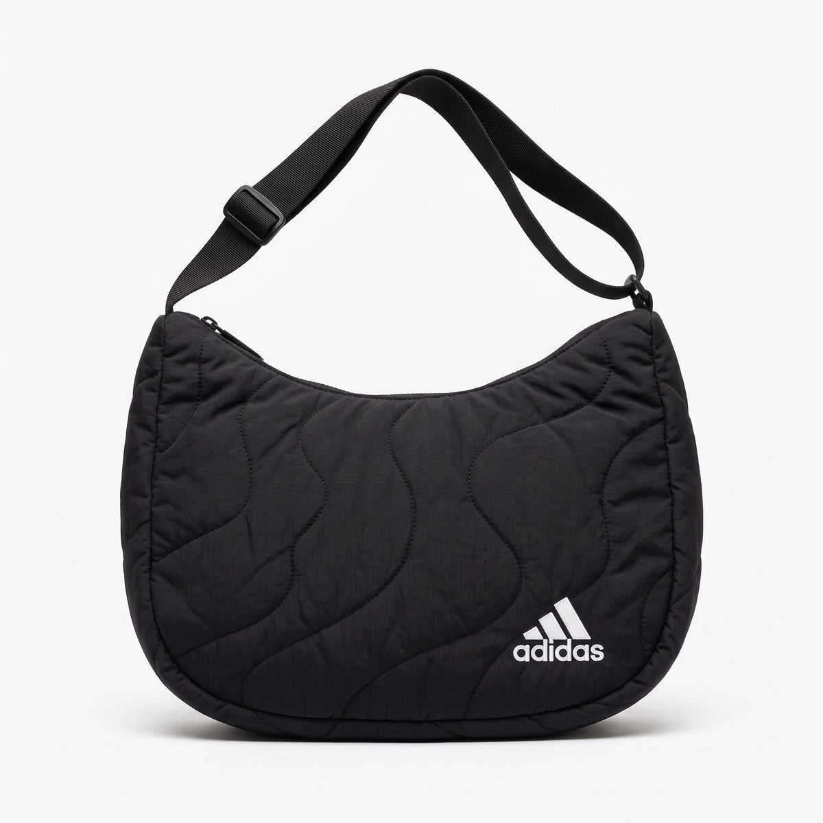 Black quilted Adidas shoulder bag with white embroidered logo and adjustable strap