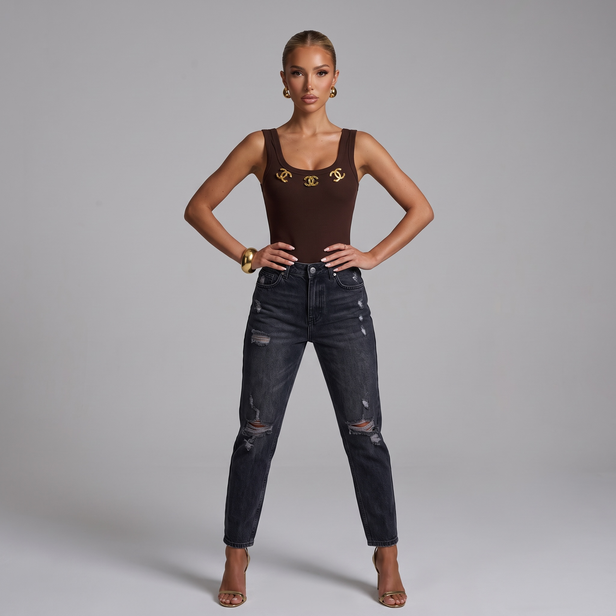 Chanel Embellished Ribbed Bodysuit – Brown