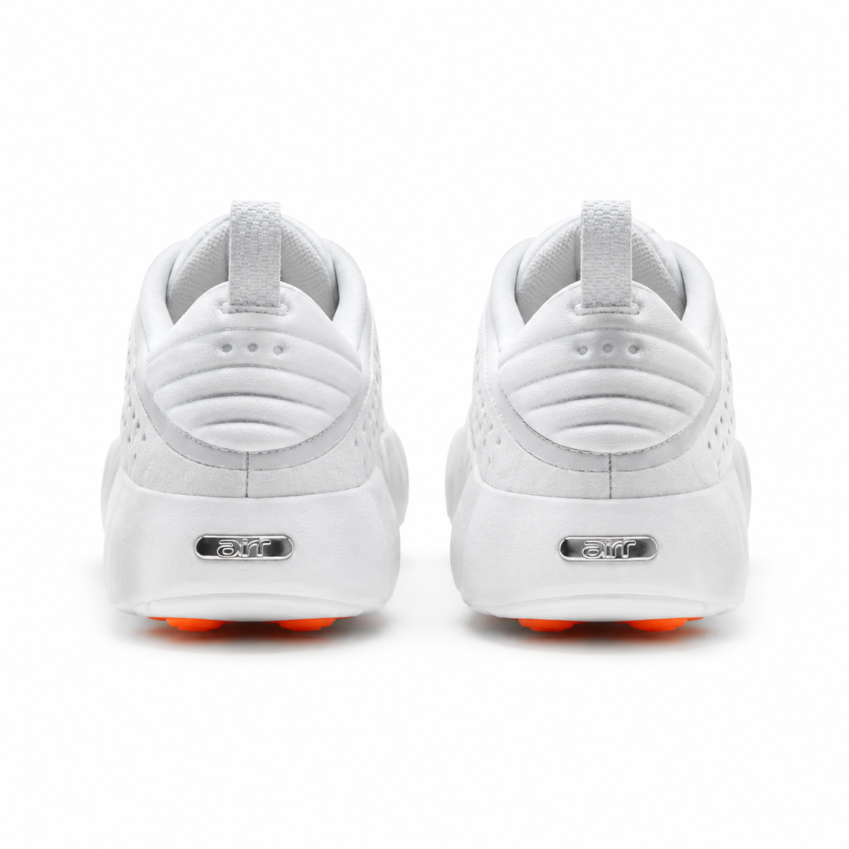White Nike perforated sneakers with orange pod sole shown from multiple angles