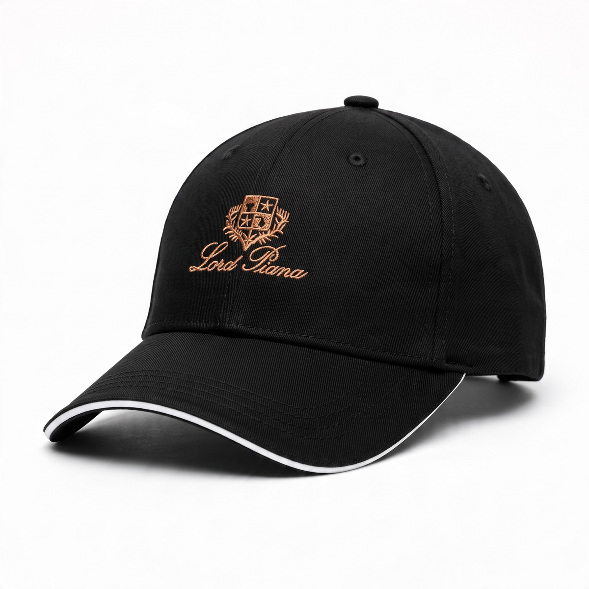 black Lord Piana baseball cap with gold embroidery and white brim piping