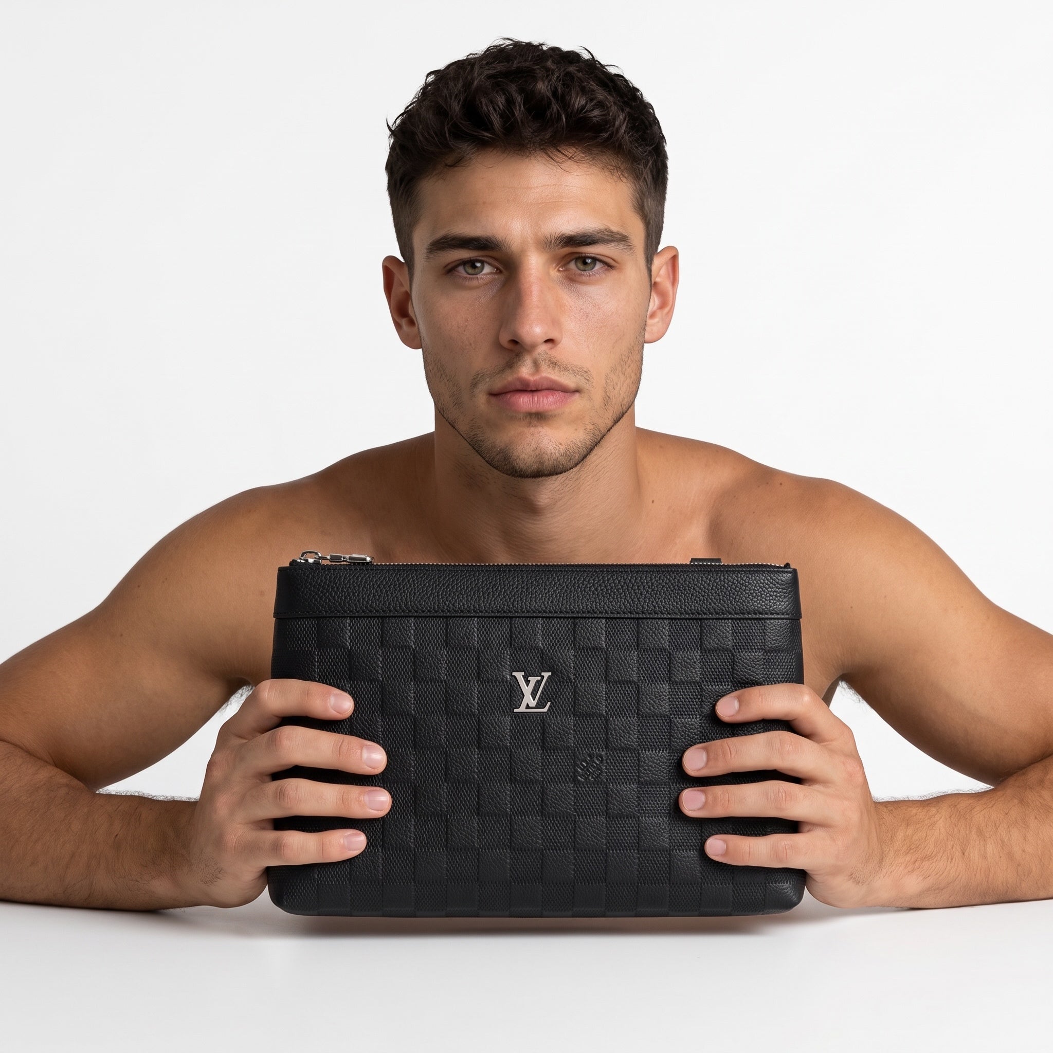 Black Louis Vuitton Damier clutch with silver LV logo and top zip
