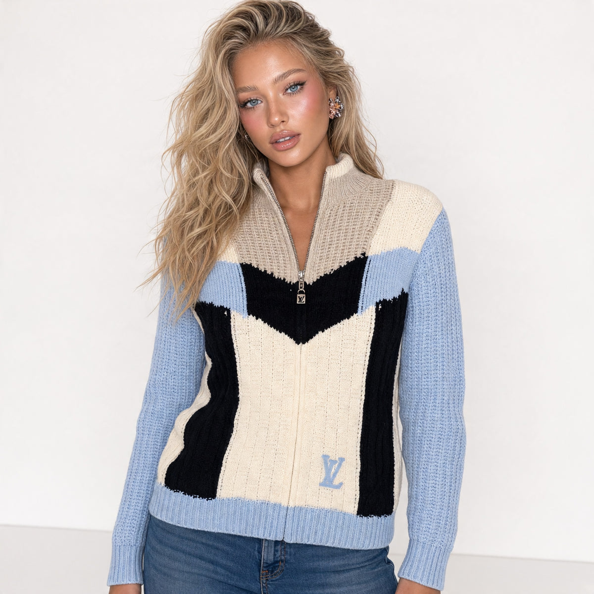 Louis Vuitton cable-knit zip sweater in light blue cream and black with LV zipper pull