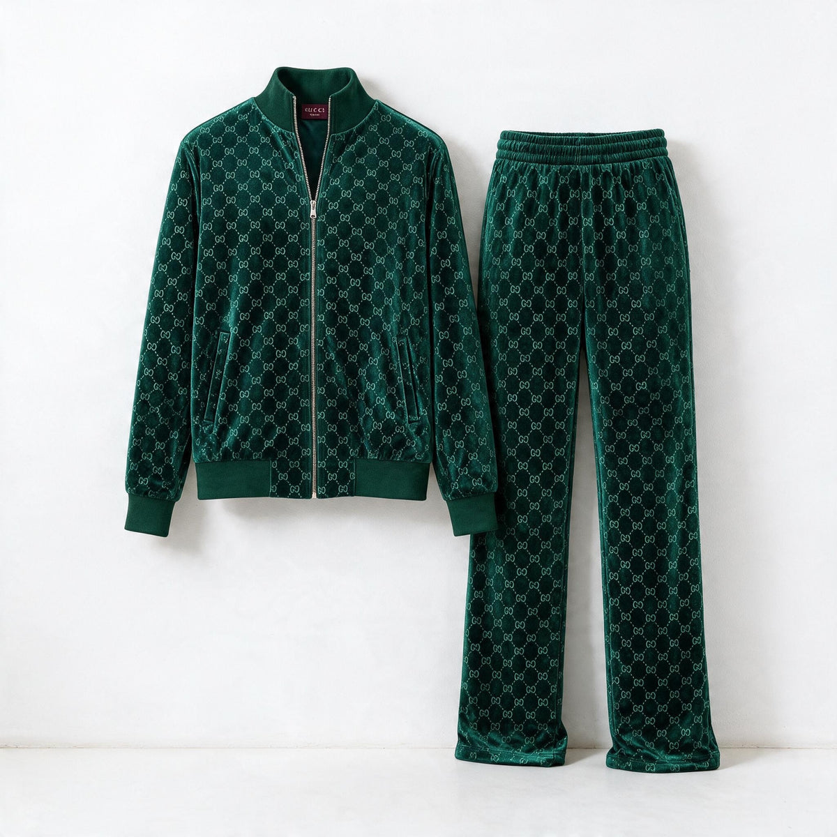 emerald green velour Gucci-style track jacket and matching pants with GG pattern