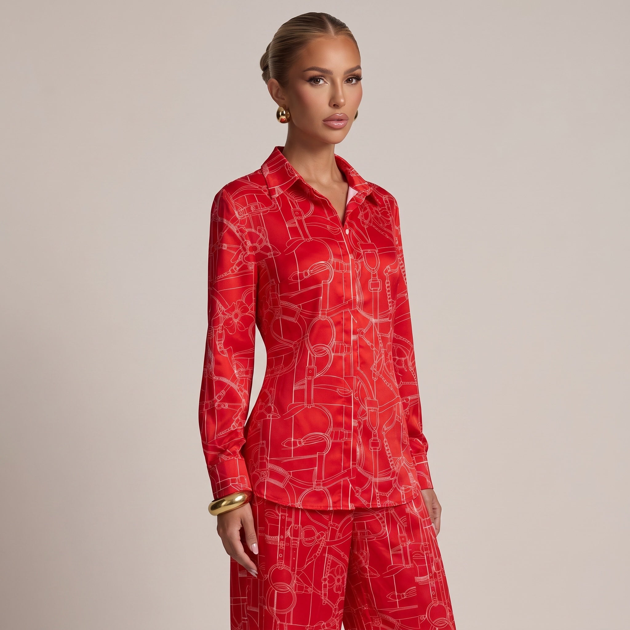 Red long-sleeve button-up shirt with white equestrian line print