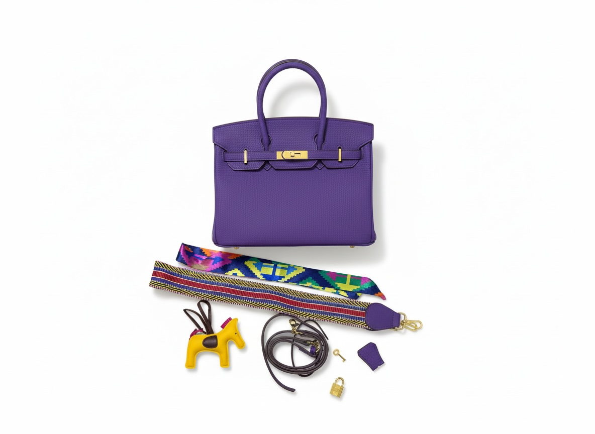 Hermès Birkin-Style Purple Leather Handbag with Twilly Strap & Charm 💜✨