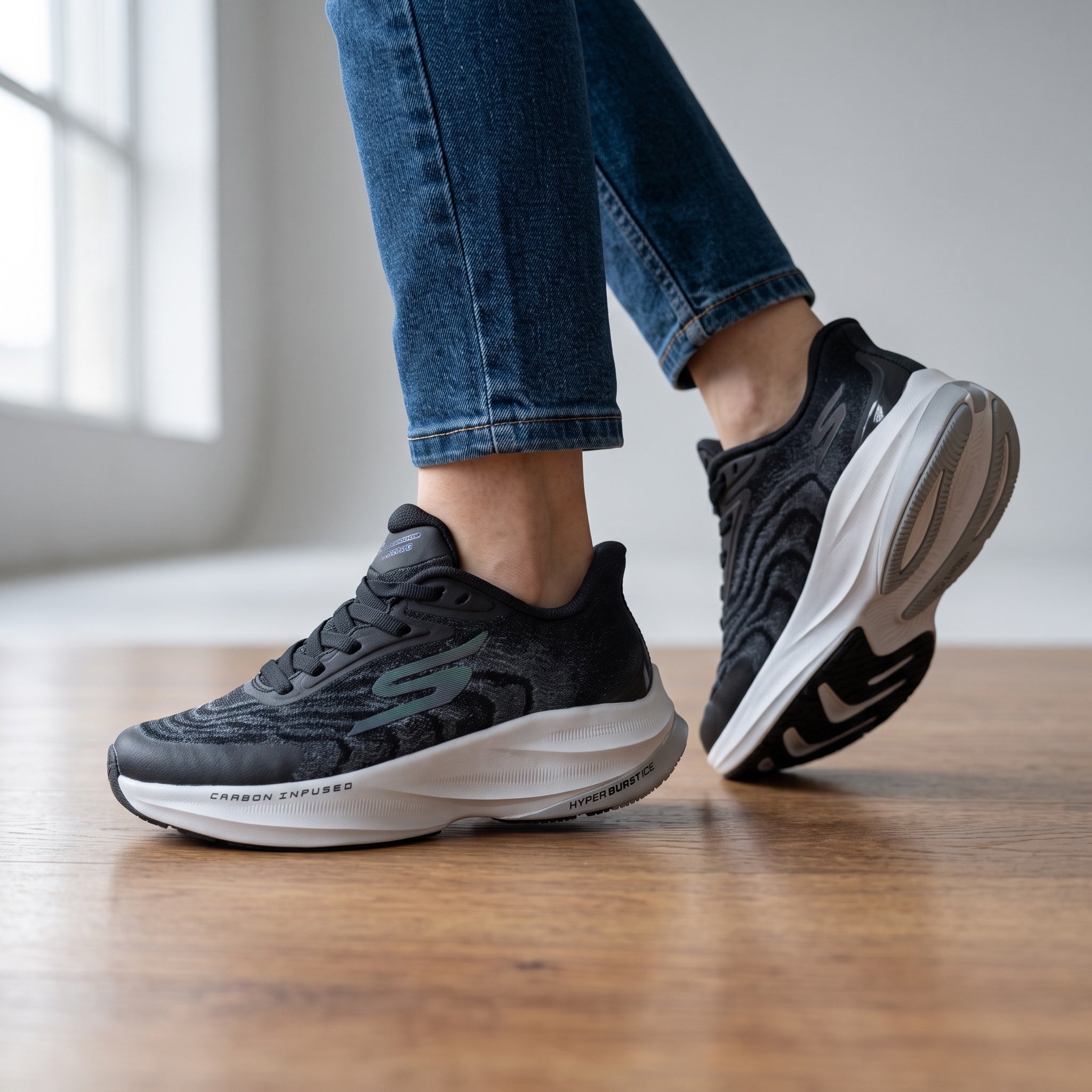 black Skechers knit running sneakers with white chunky midsole showing Carbon Infused and Hyperburst text