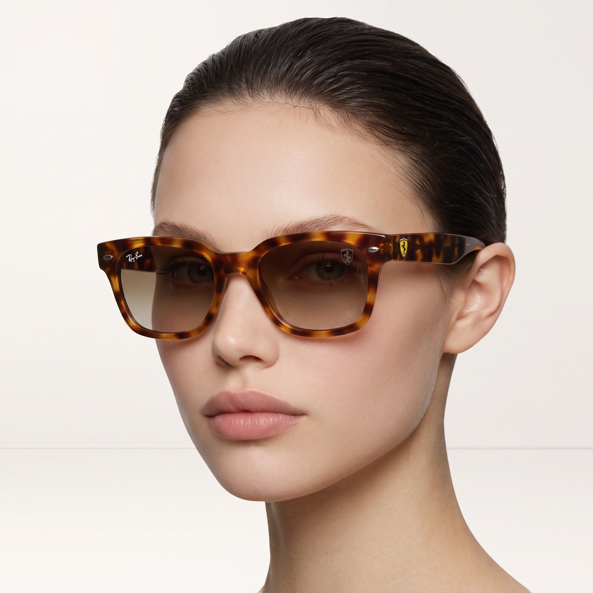 Ray-Ban tortoise square sunglasses with Ferrari shield on temple