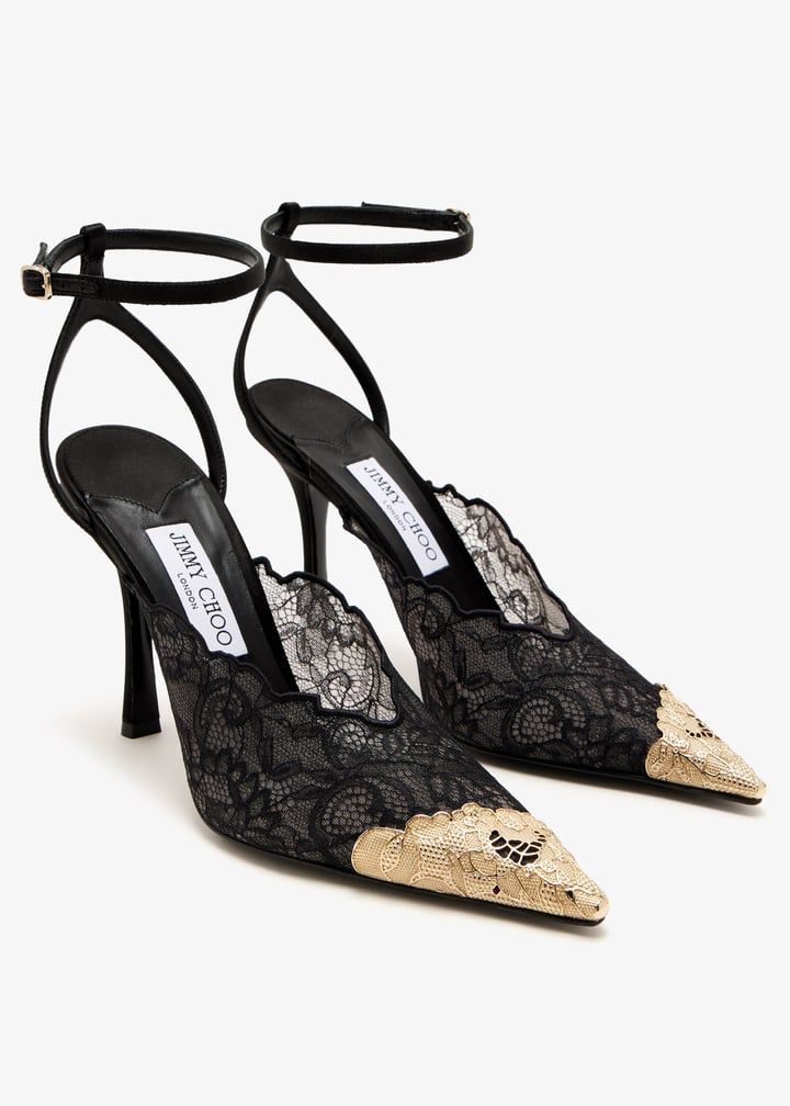 Jimmy Choo – Black Lace Slingback Pumps Gold Toe ✨9cm