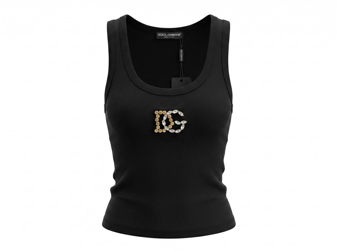 Dolce & Gabbana DG Embellished Ribbed Tank Top – Black 🖤✨