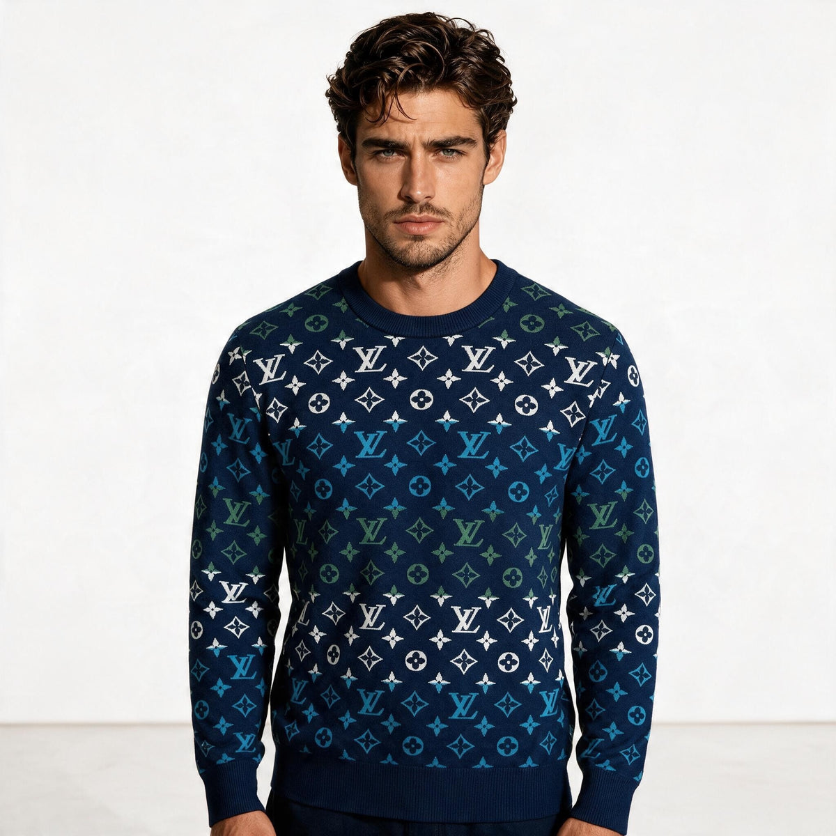 Louis Vuitton navy blue crewneck sweater with all-over monogram