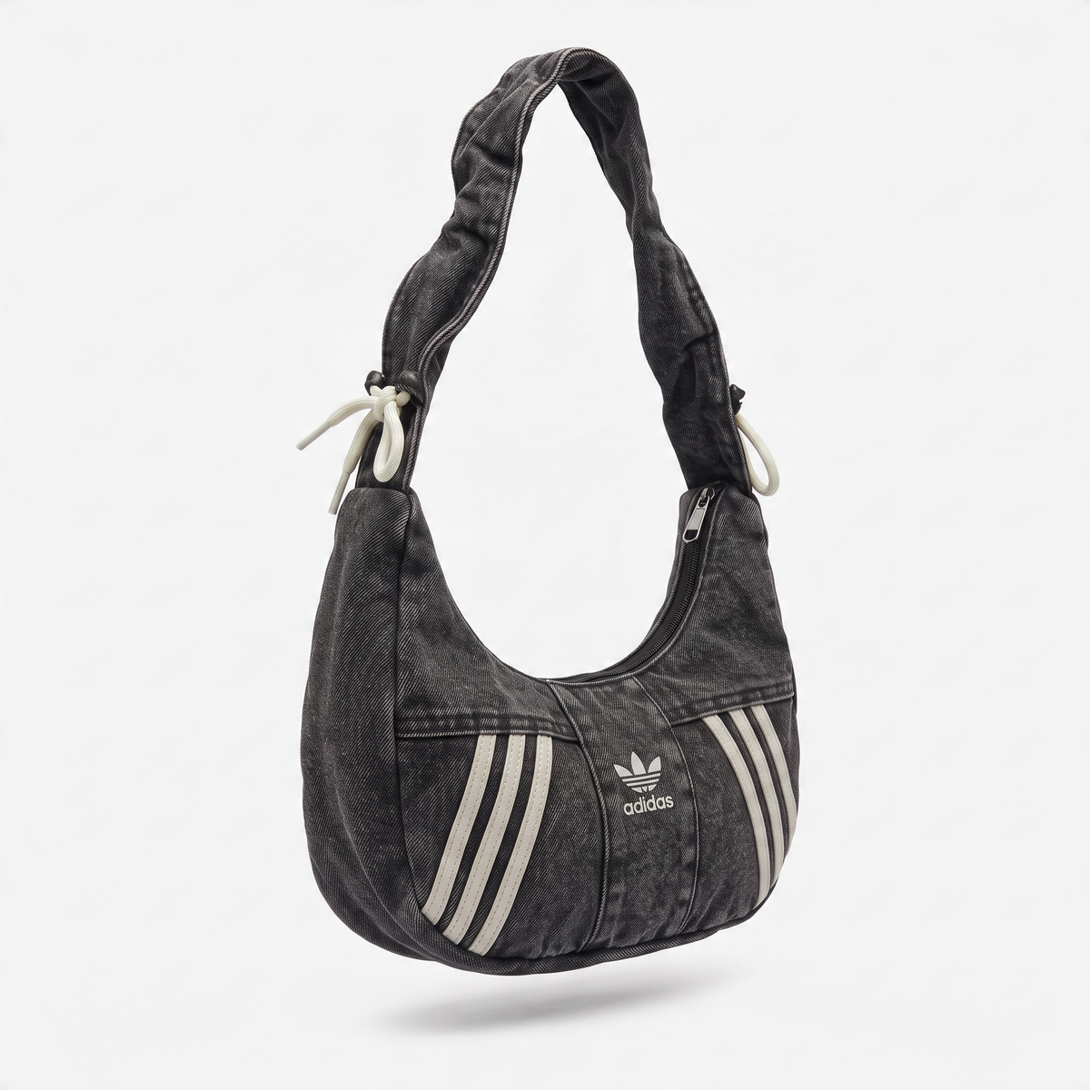 Adidas washed black crescent shoulder bag with trefoil logo and three stripes