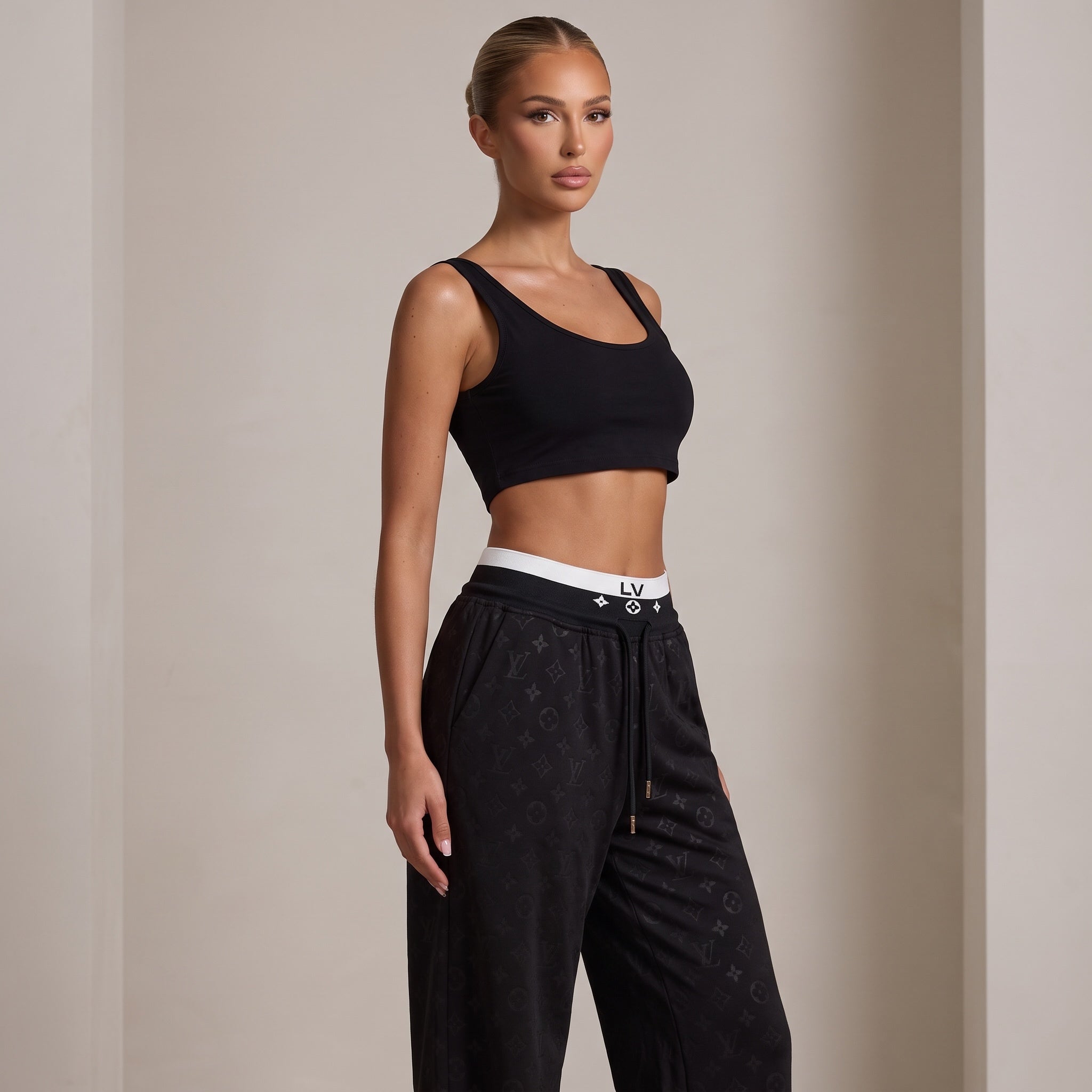 Black Louis Vuitton monogram track pants with white LV elastic waistband on model