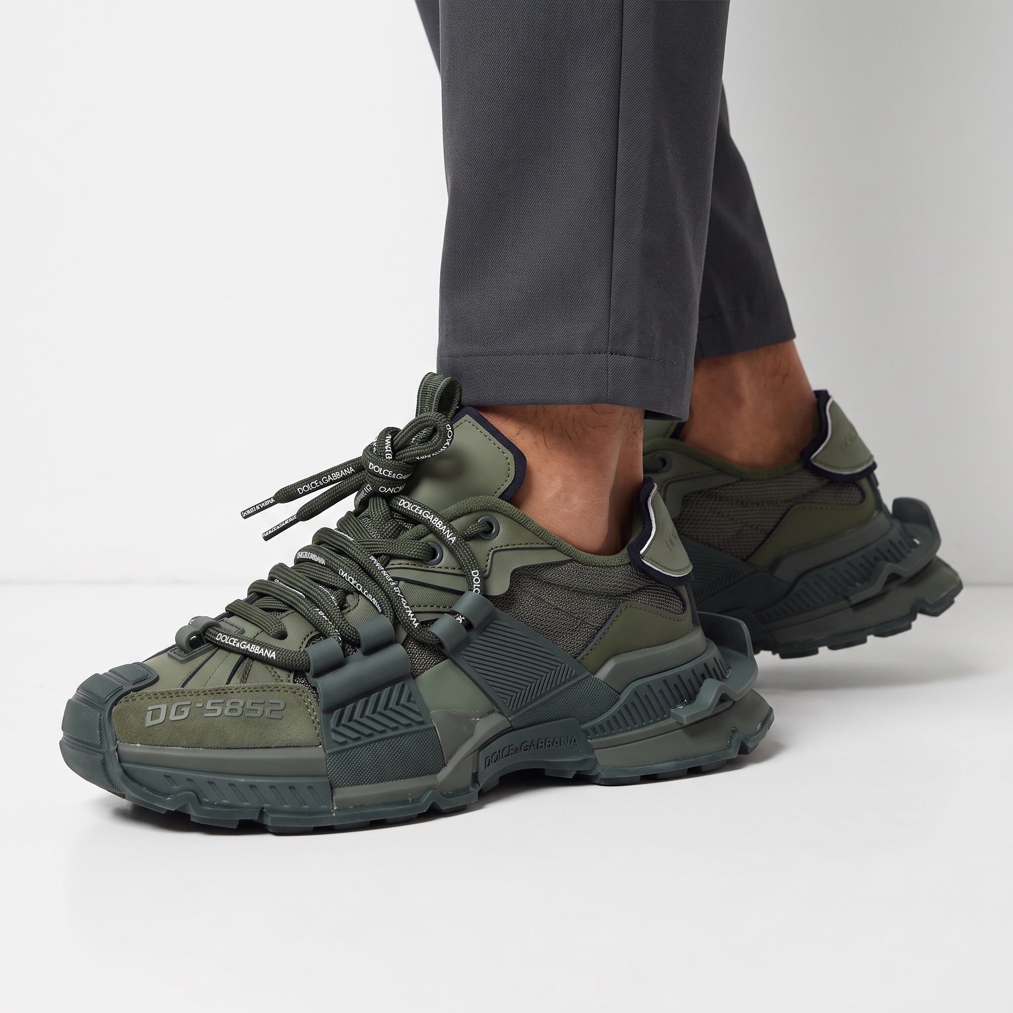 Olive green Dolce&Gabbana chunky sneakers with branded laces and sculpted sole