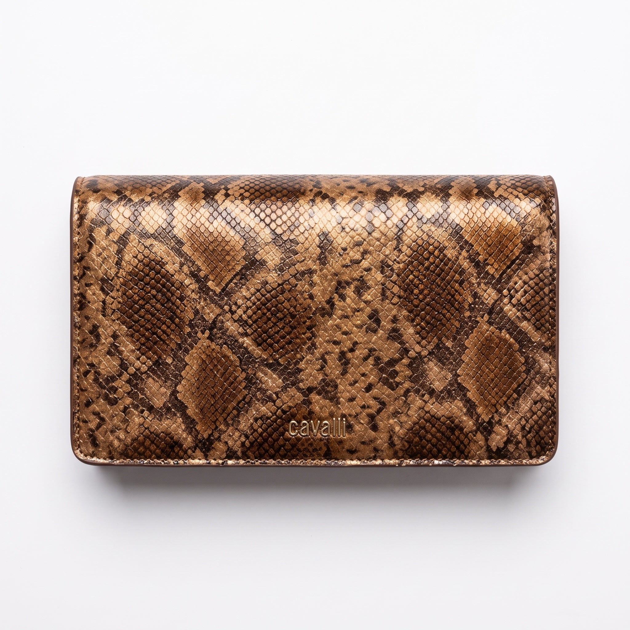 Roberto Cavalli brown snake-print clutch with antique-gold serpent hardware