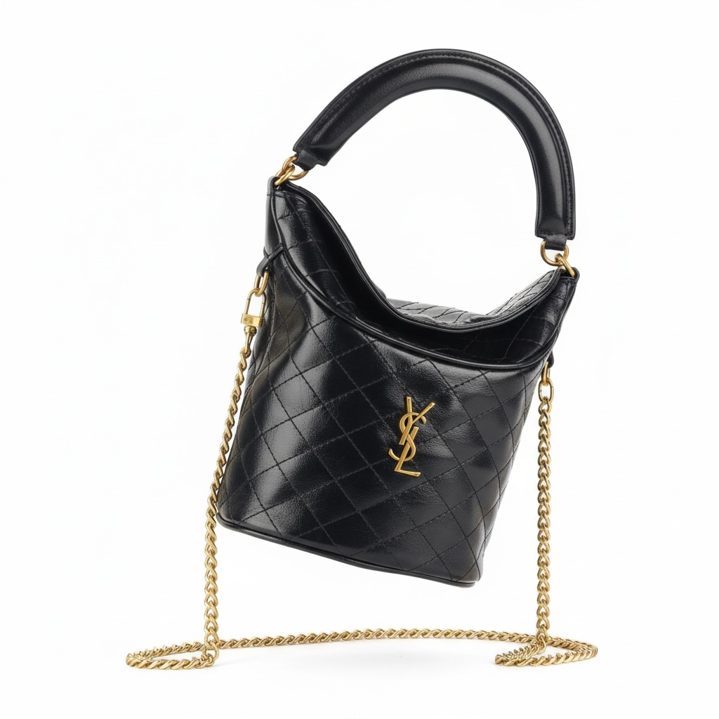 Saint Laurent Quilted Leather Bucket Bag with Gold Chain
