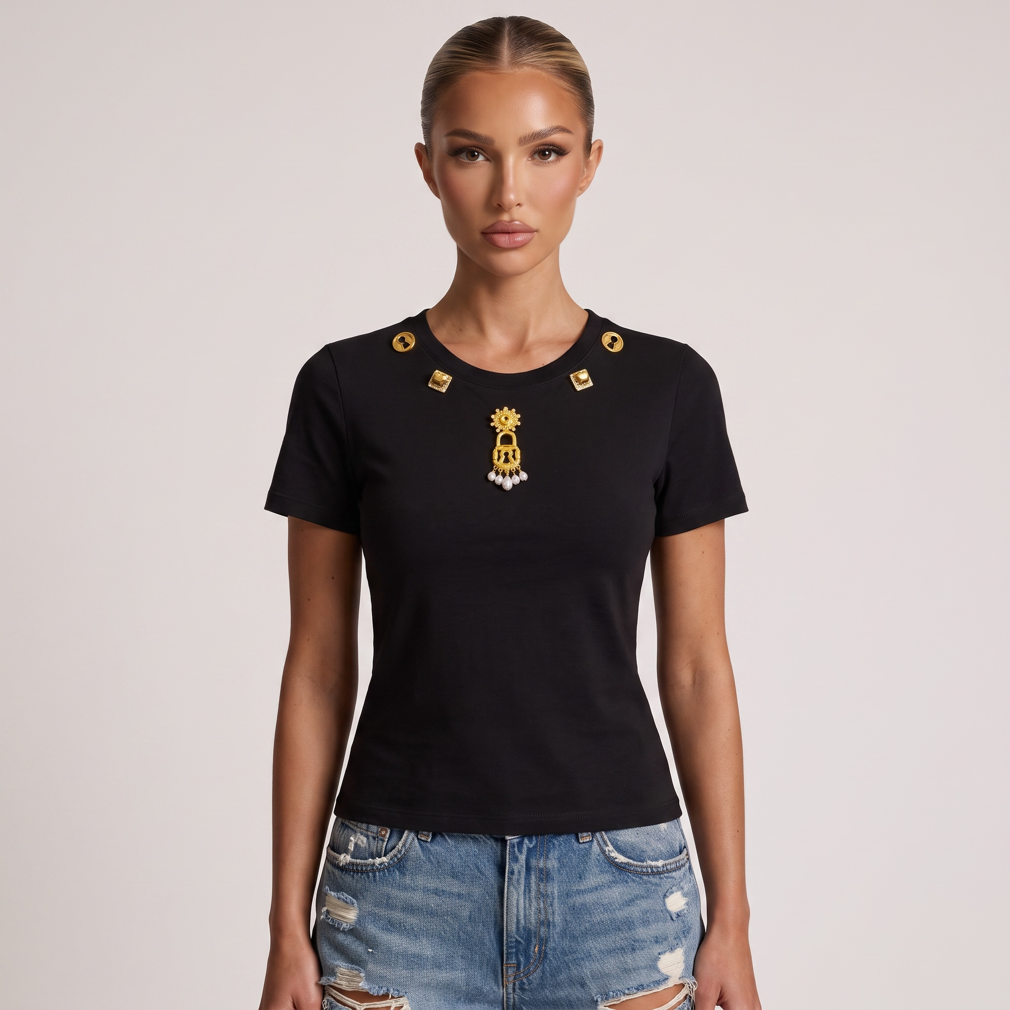 Schiaparelli Embellished Cotton T-Shirt – Black one size