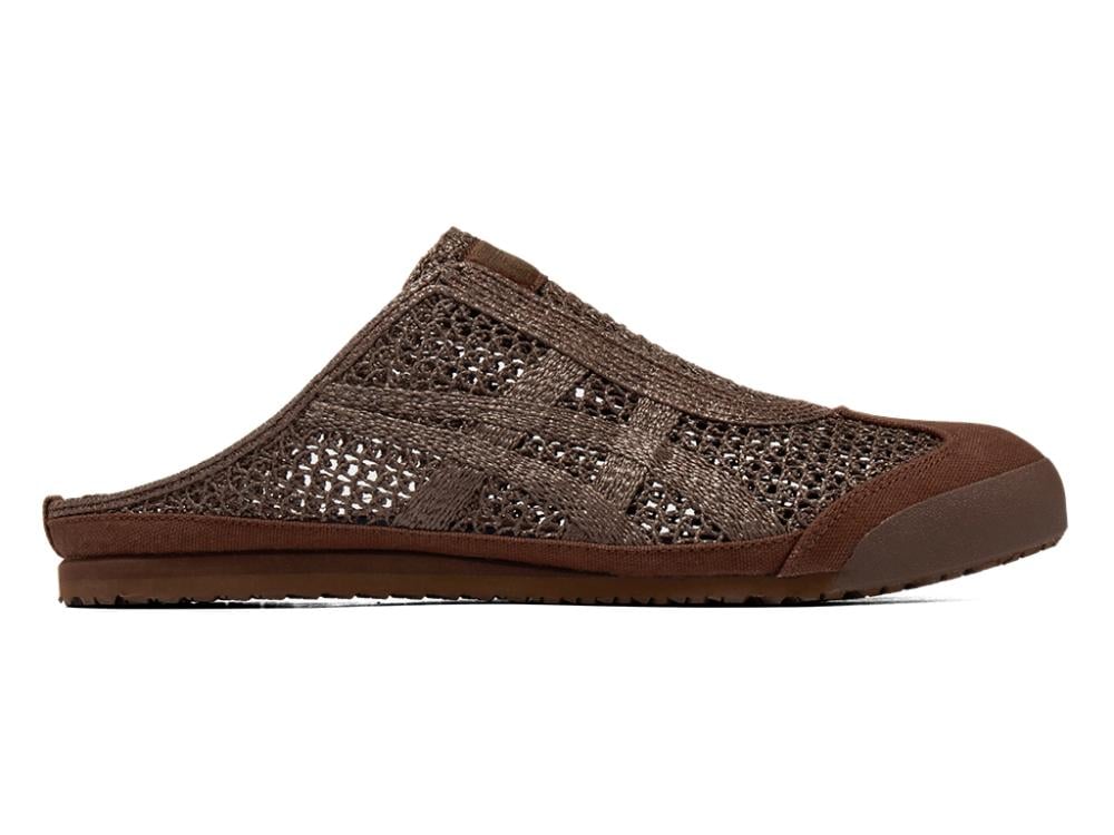 Onitsuka Tiger brown open-knit slip-on mule shoe shown from multiple angles