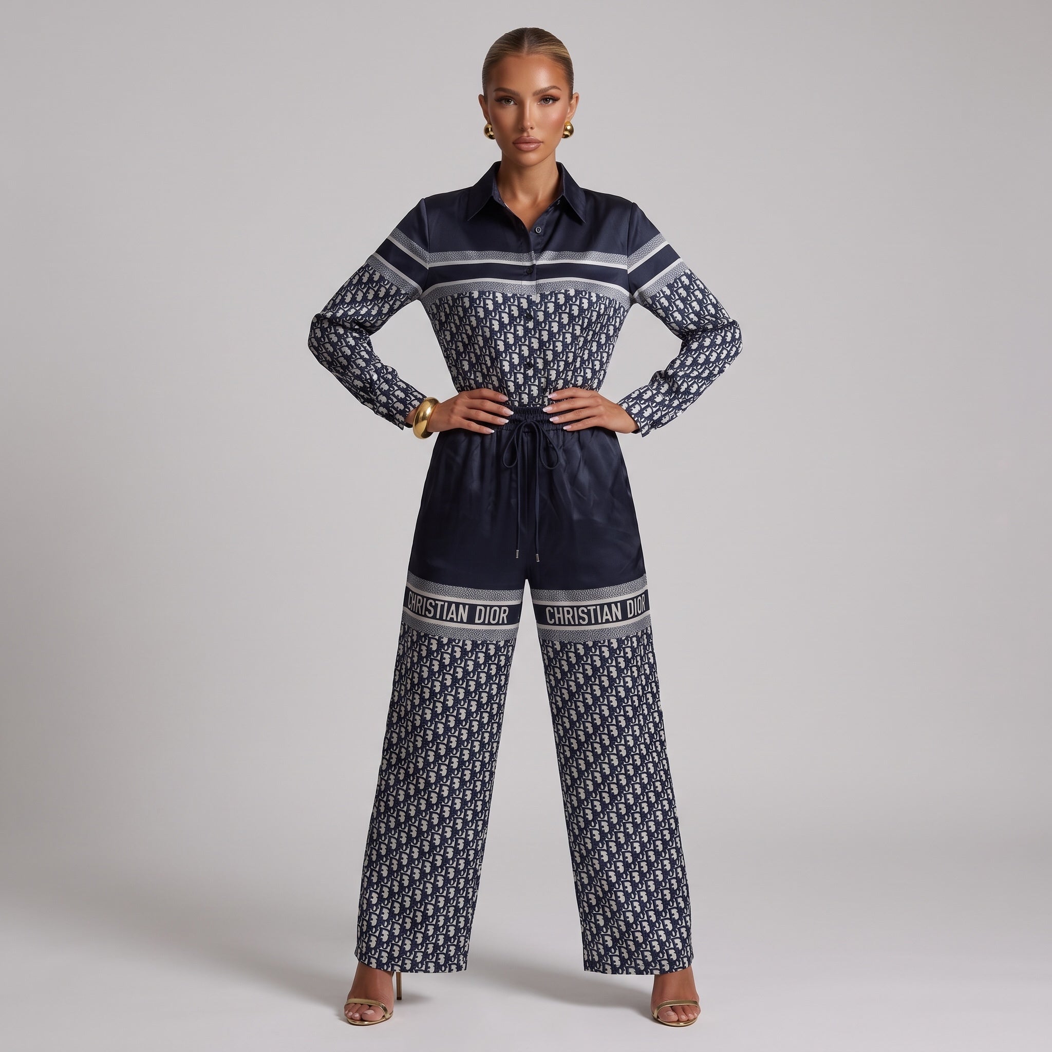 Christian Dior navy long-sleeve shirt with oblique monogram and contrast banding