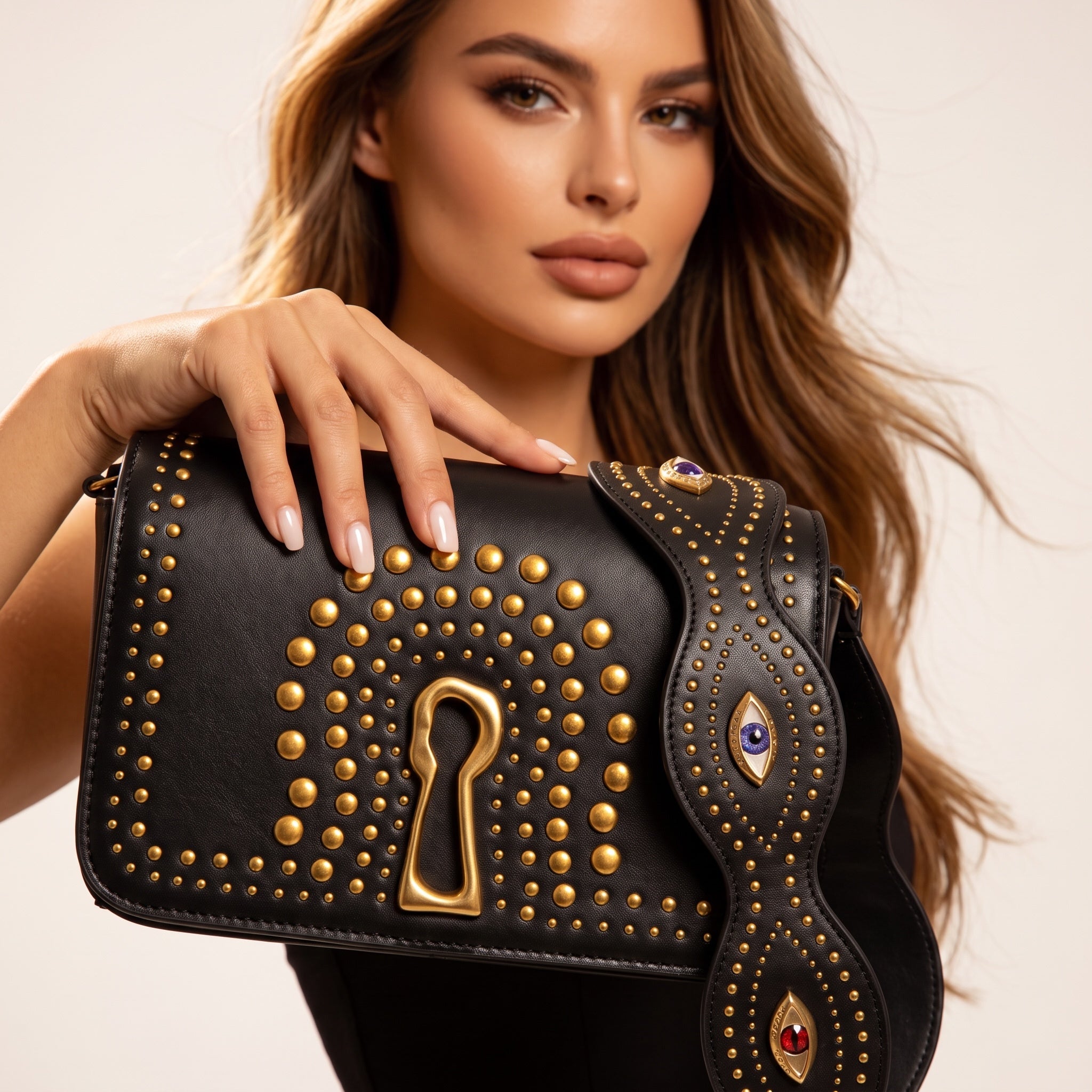 black studded Valentino saddle bag with gold studs and jeweled strap