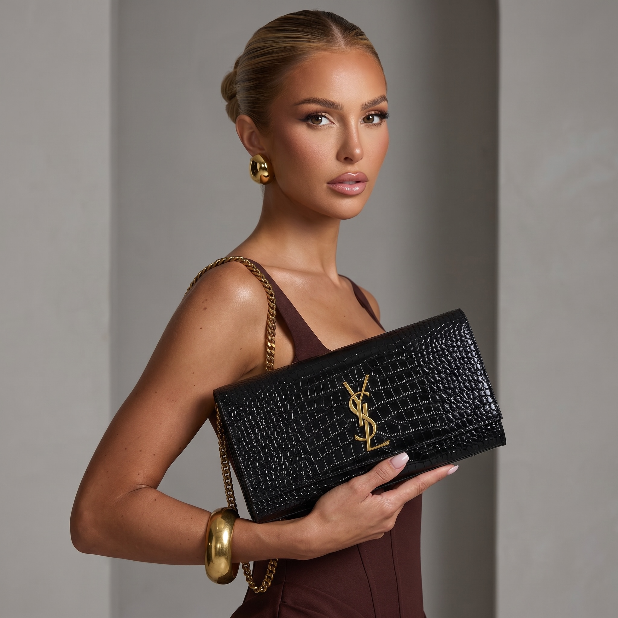 Saint Laurent Black Croc-Embossed YSL Clutch 🖤✨💛👛🔥