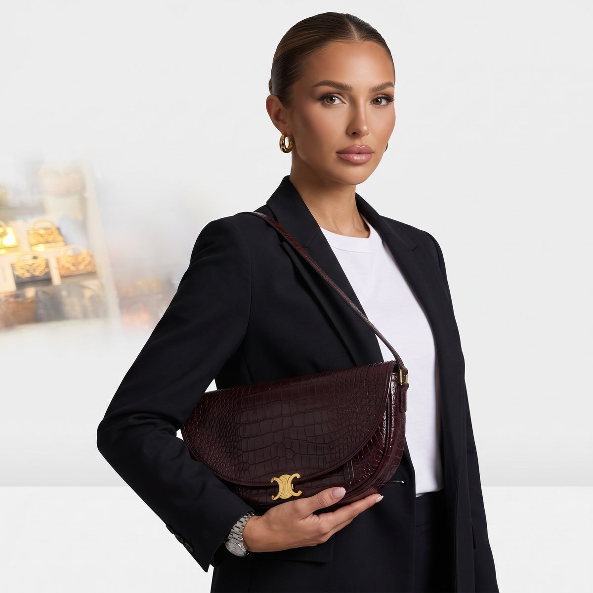 Celine Triomphe croc-embossed burgundy shoulder bag with gold clasp