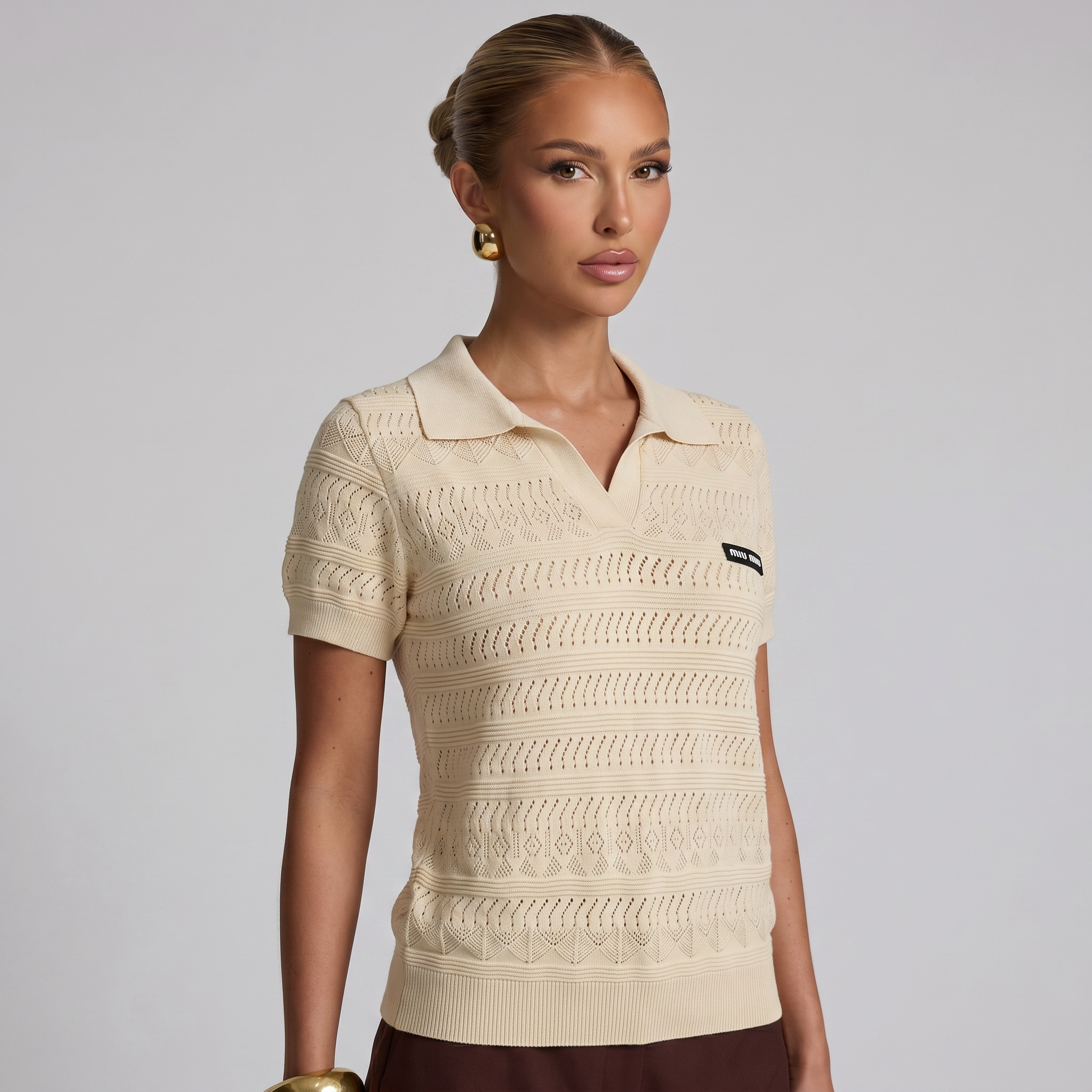 โจ Miu Miu Pointelle Knit Polo Top โ Ivory (one size)
