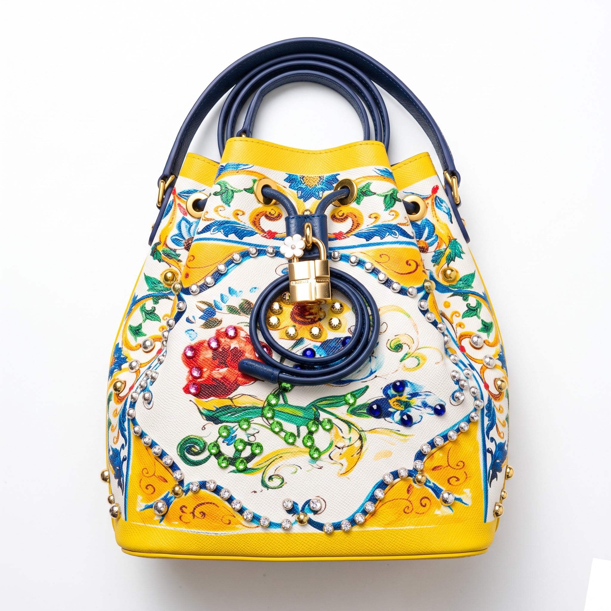 Yellow floral drawstring bucket bag with gold padlock and stud detailing