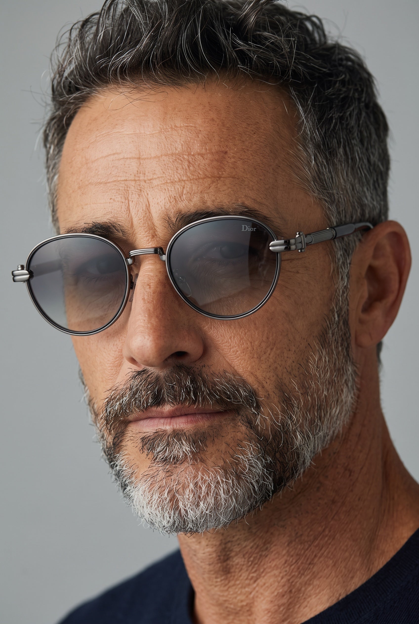 Round Dior sunglasses with gunmetal metal frame and grey gradient lenses