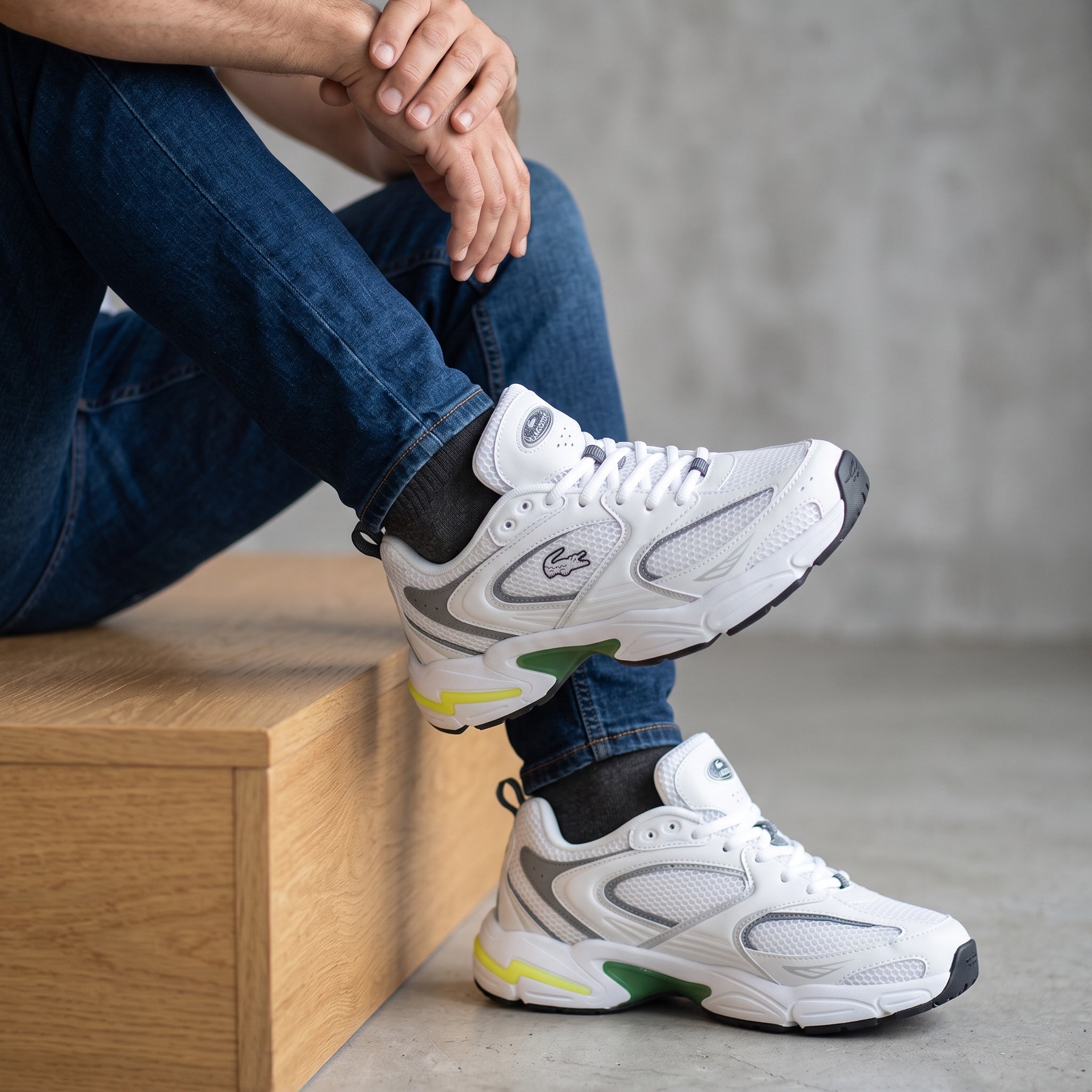 Lacoste white mesh chunky sneaker with green accents and croc logo