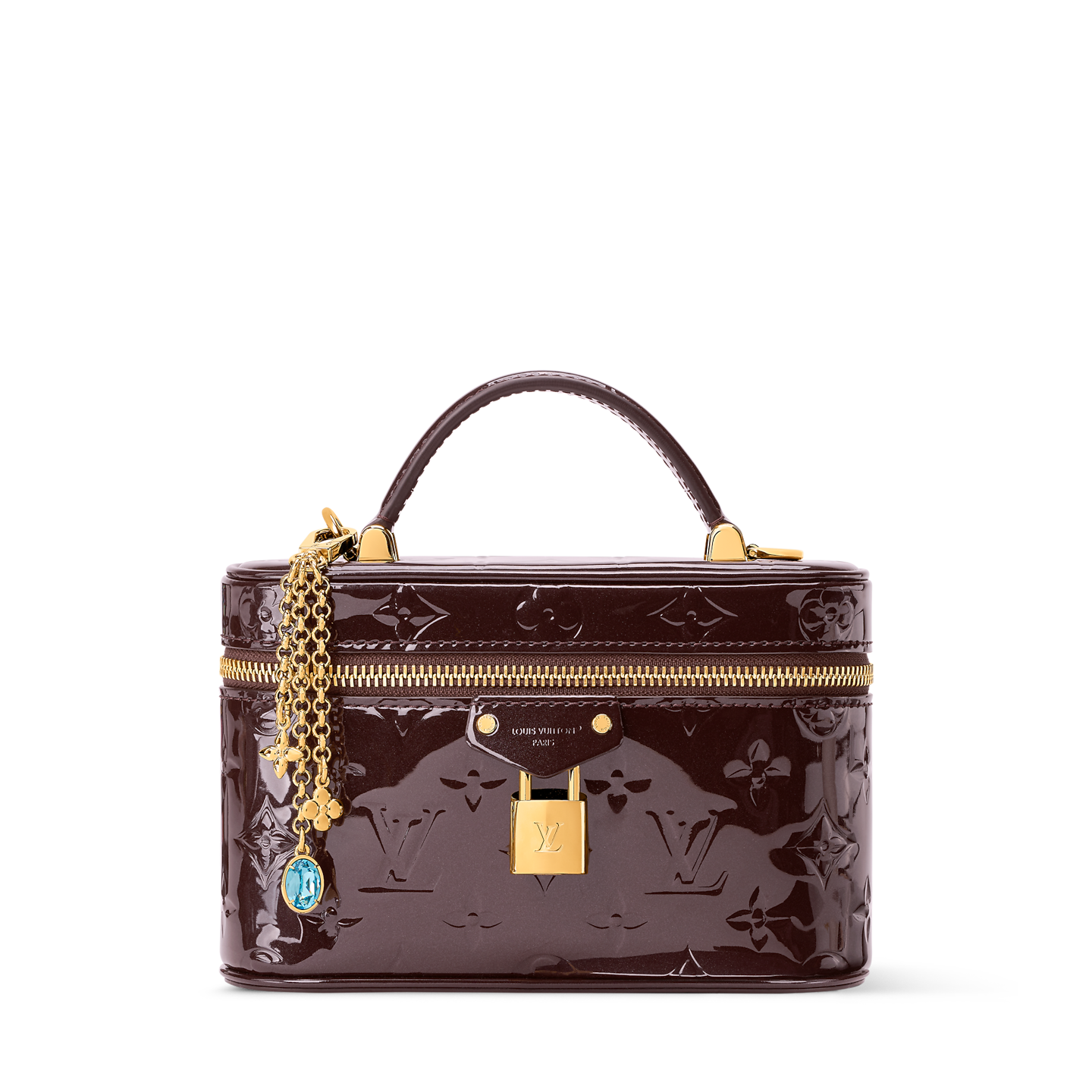 Louis Vuitton small burgundy patent monogram vanity bag with gold hardware and chain charm