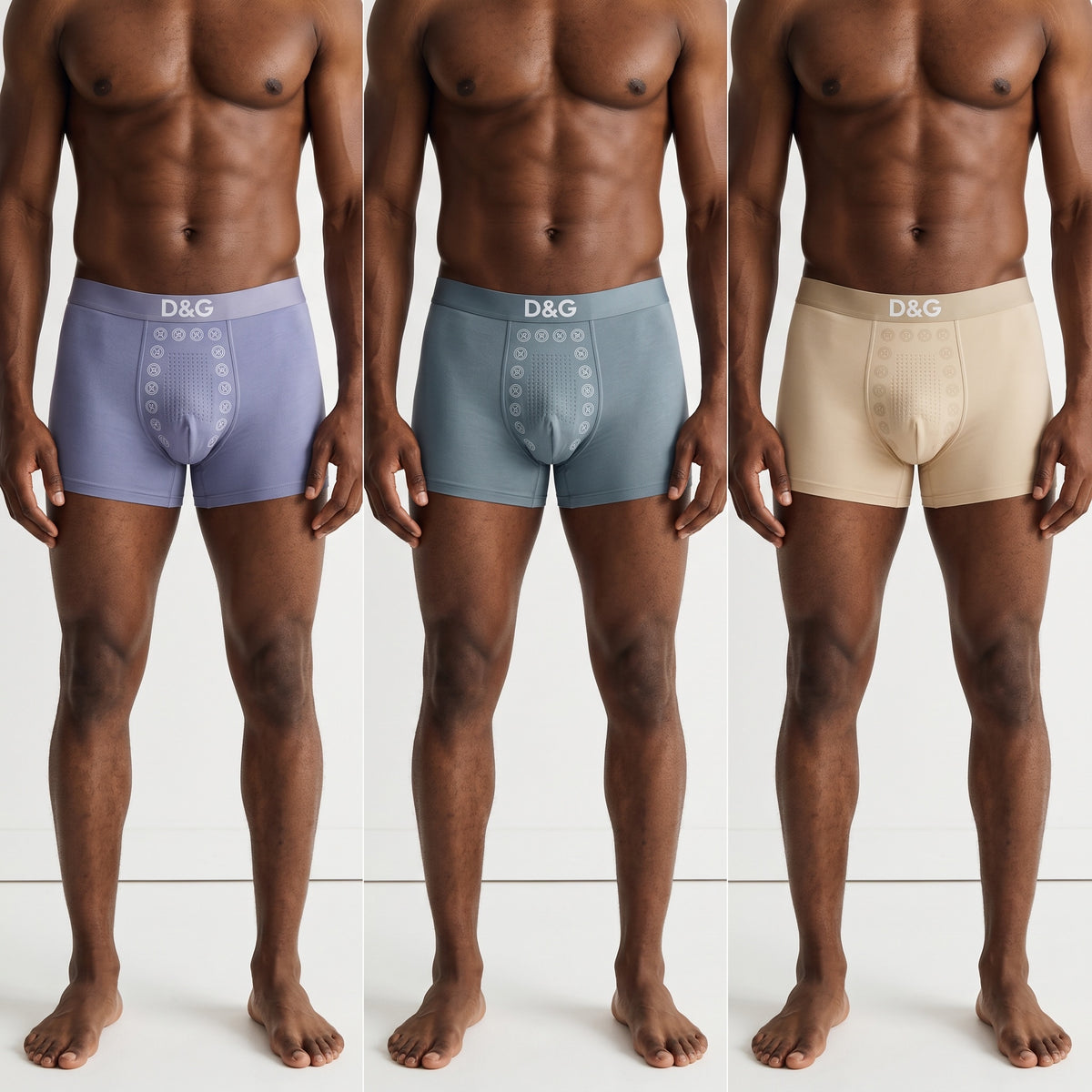 Men's D&G boxer briefs 3-pack in pastel lavender, slate blue and sand on model