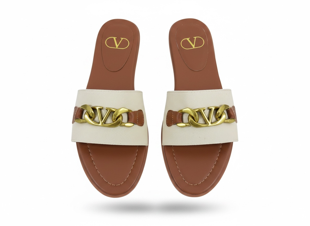 Valentino VLogo Slide Sandals 🤎✨ Gold Chain Edition