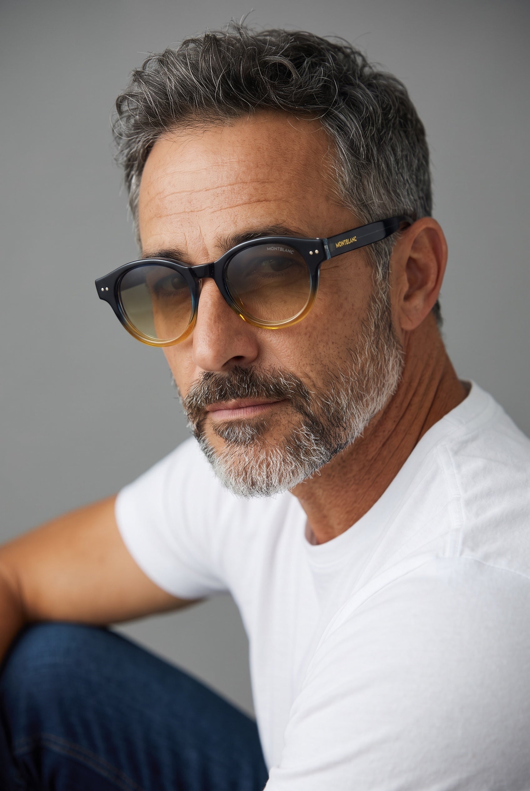 Montblanc round sunglasses with navy to amber gradient frame and brown gradient lenses