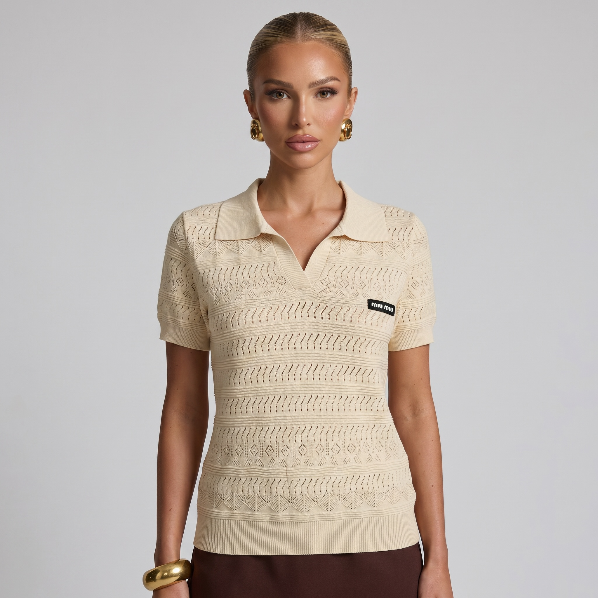 โจ Miu Miu Pointelle Knit Polo Top โ Ivory (one size)