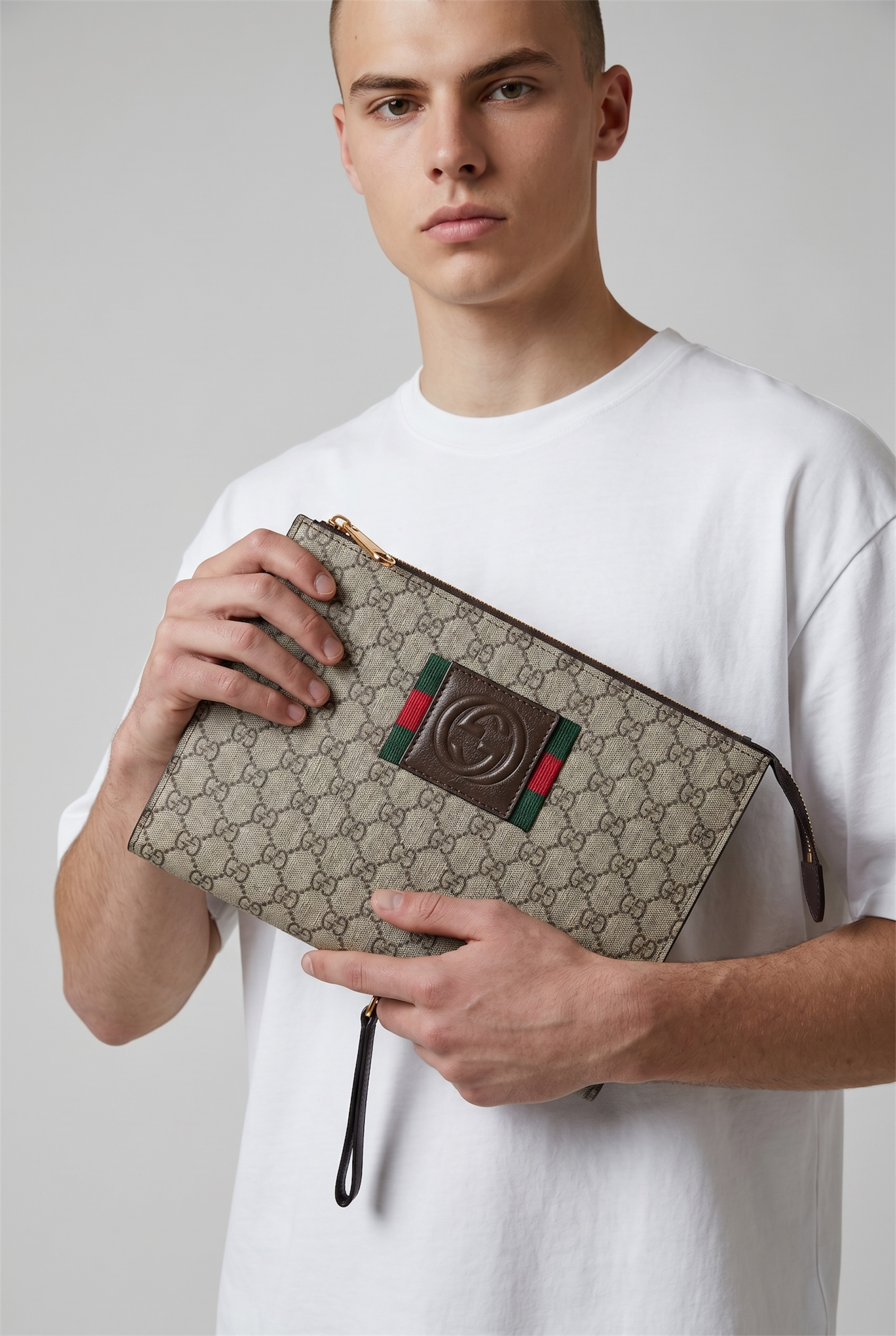 Gucci GG Supreme Web Logo Wristlet Pouch 🤎💚❤️