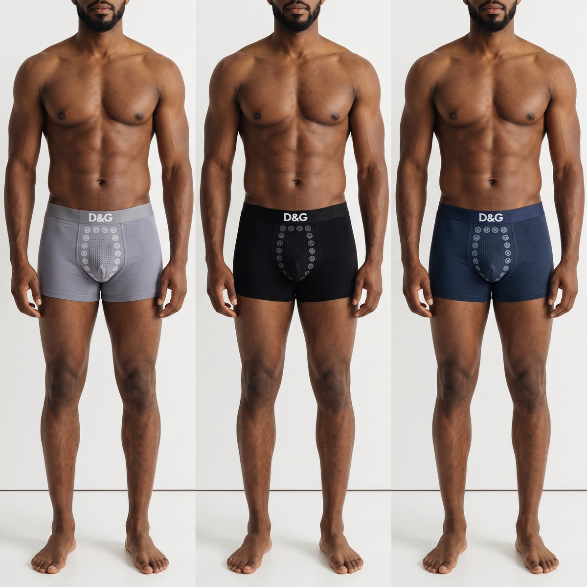 three men wearing Dolce & Gabbana boxer briefs in grey black and navy with D&G waistband