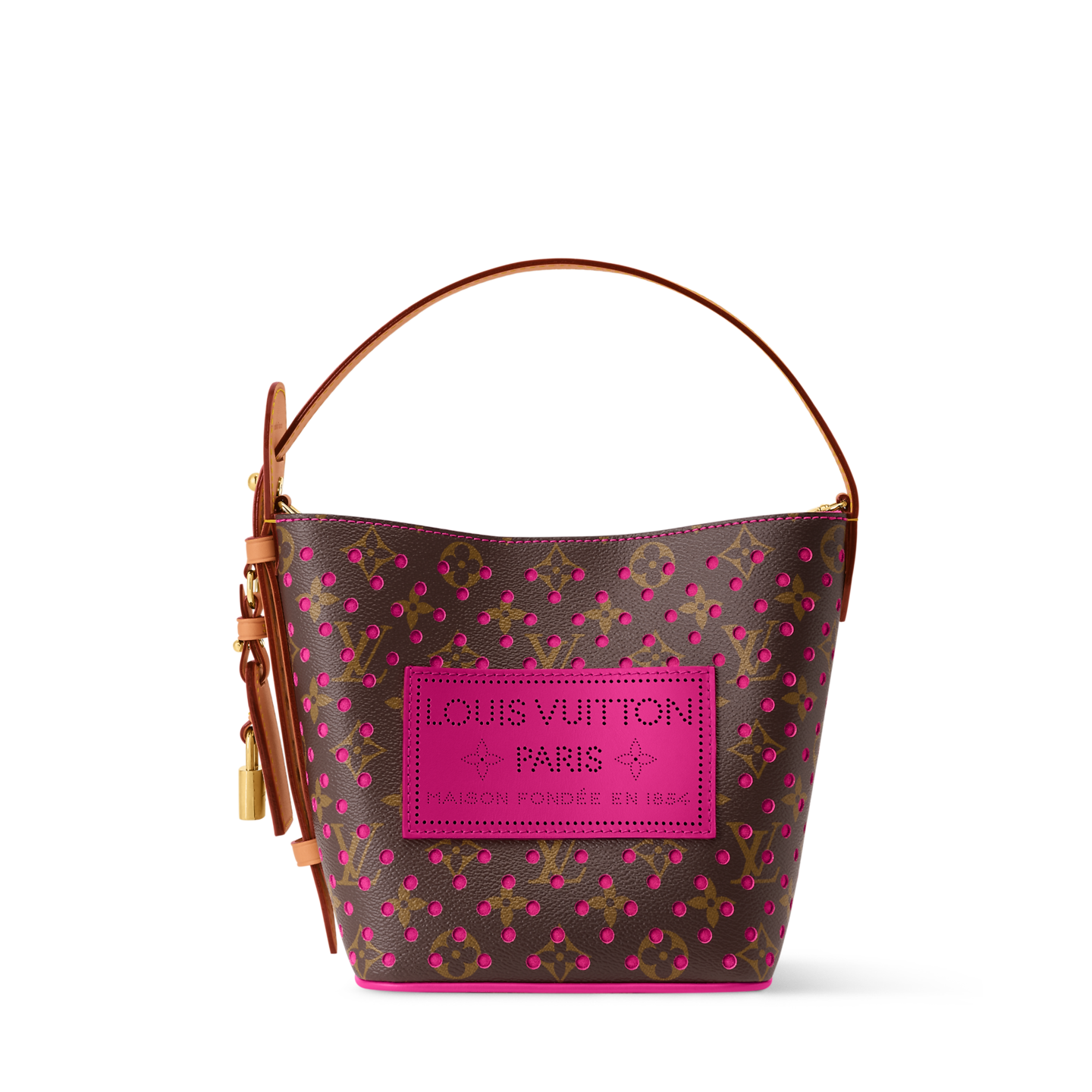 Louis Vuitton brown monogram bucket bag with pink perforations and natural leather handle