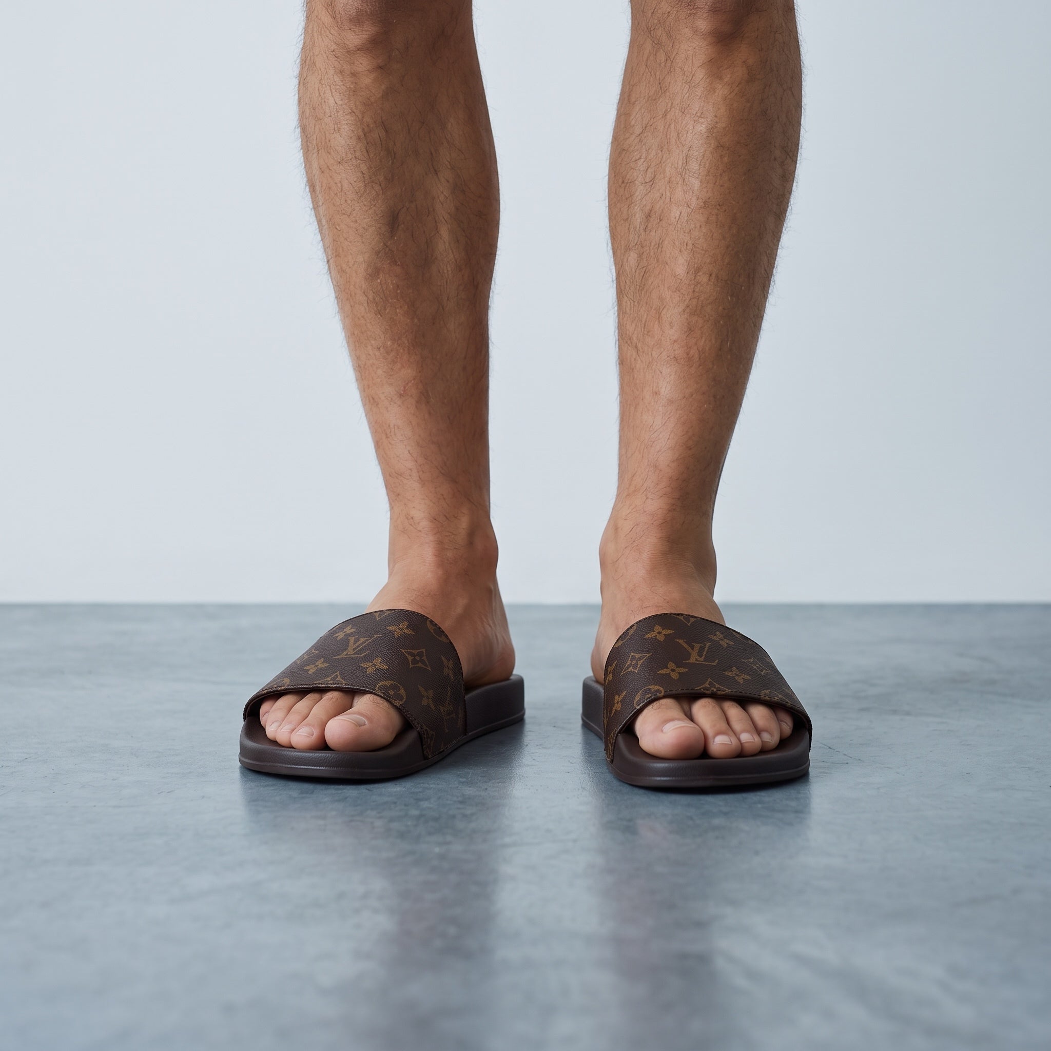 brown Louis Vuitton monogram slide sandals on model feet