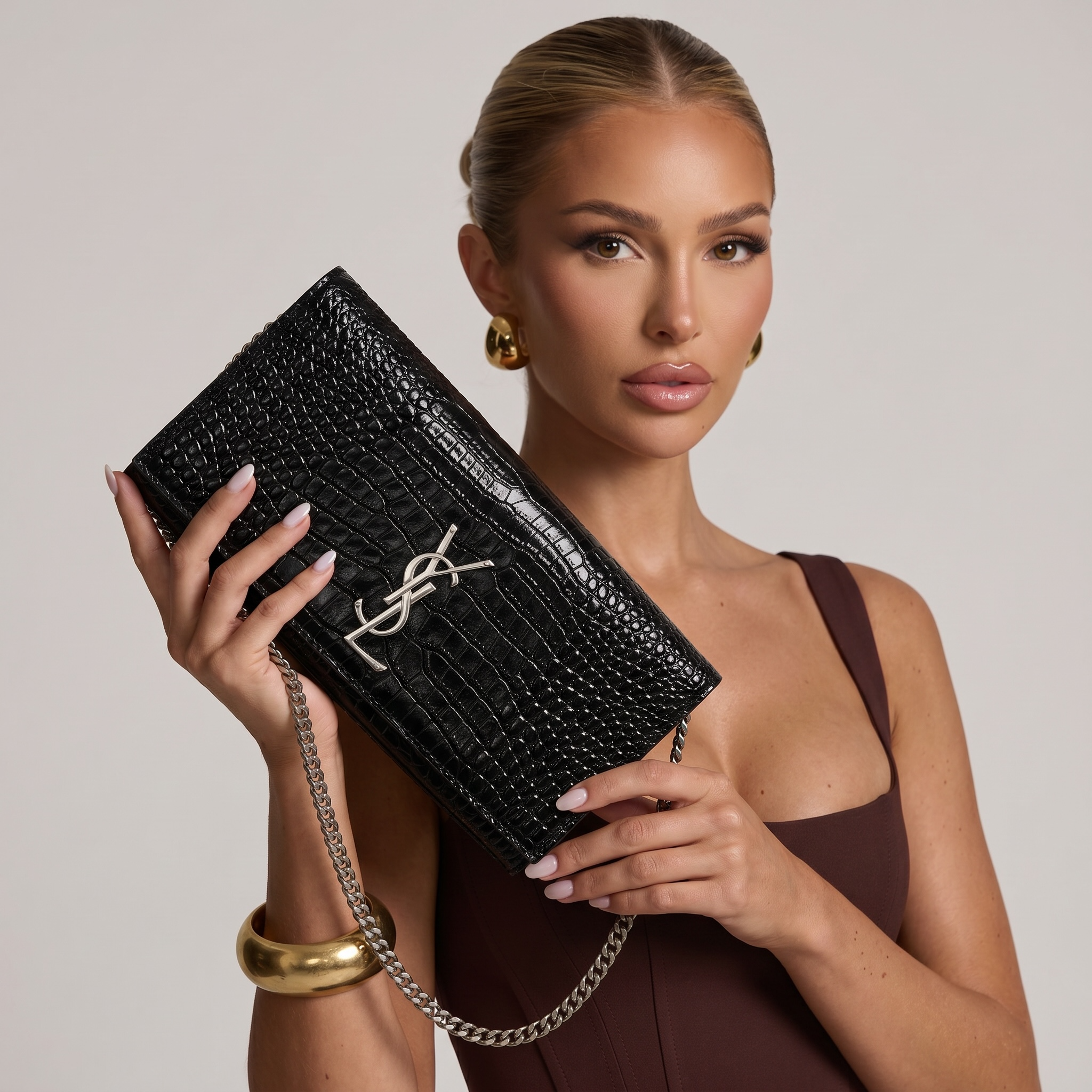Saint Laurent Black Croc-Embossed Silver YSL Clutch 🖤✨🩶👛🔥