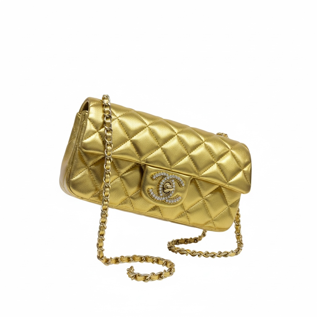 ✨ Chanel Gold Quilted Chain Shoulder Bag – Crystal CC Evening Bag
