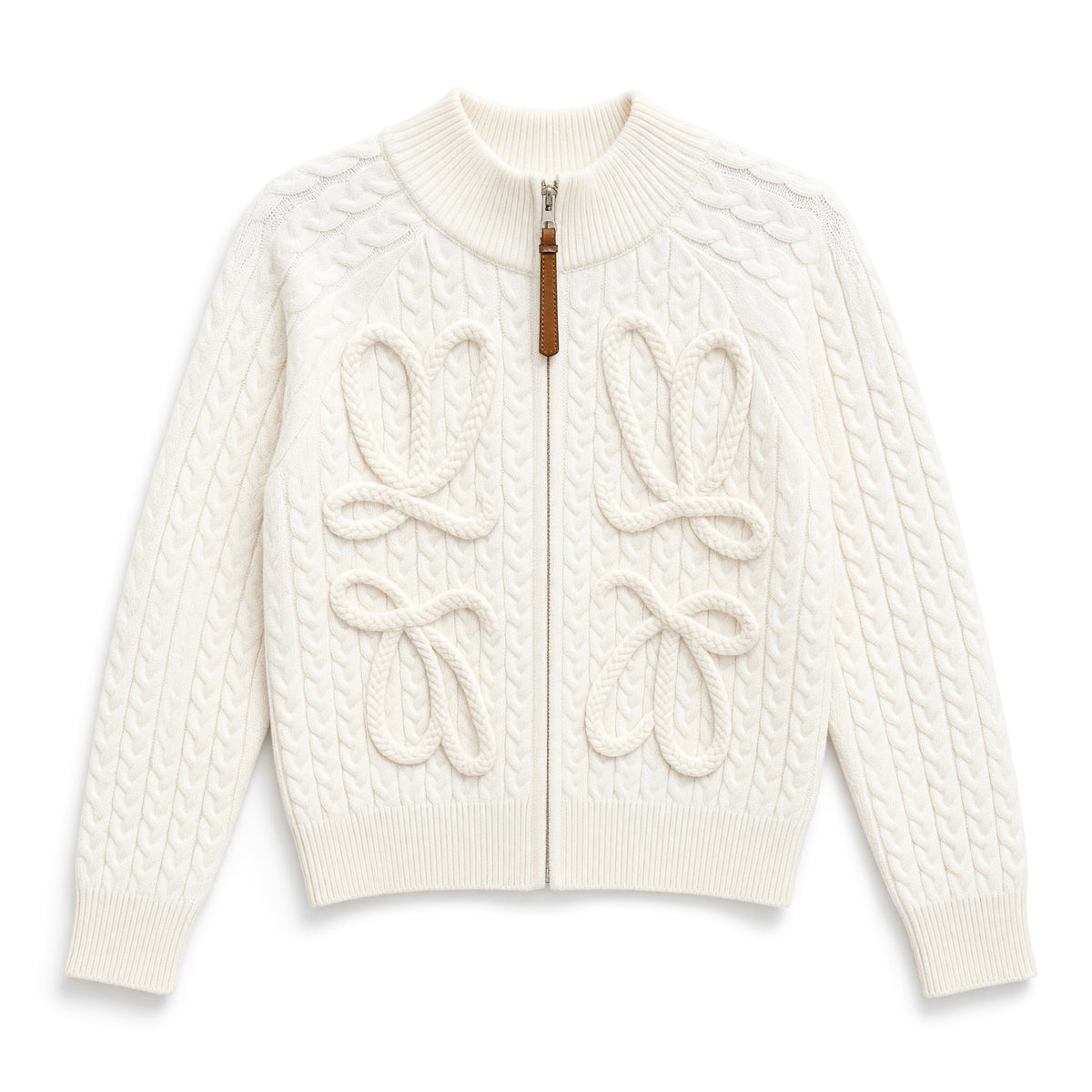 Ivory cable-knit zip jacket with rope bow details and leather zipper pull