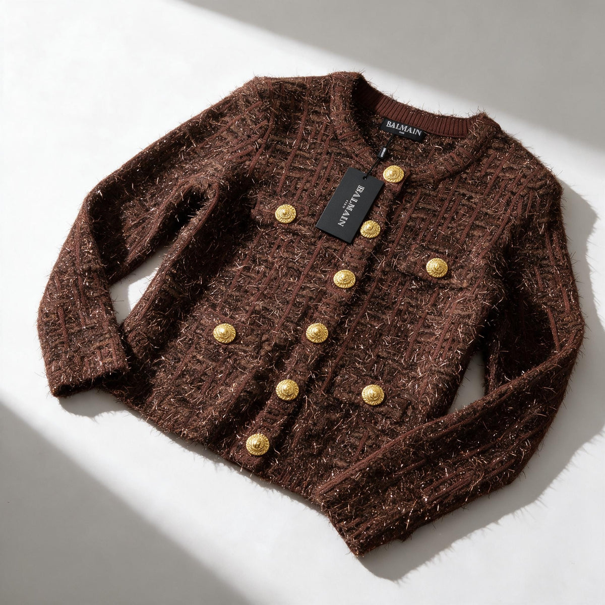 Balmain brown cropped textured jacket with gold buttons
