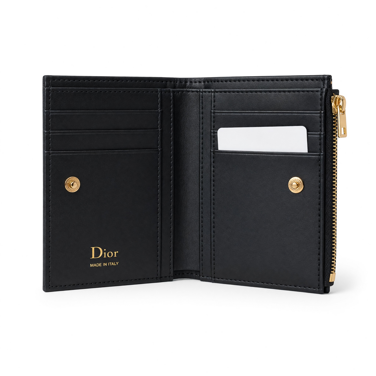 Dior navy jacquard card holder with black leather bow and gold zipper